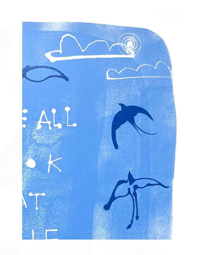 Caroline Tomlinson edition.Detail of screen print 'We all look at the same sky' edition 50. Two colour screen print by Caroline Tomlinson inspired by the belonging and freedom Two colour hand printed silkscreen A2 sized print.Sky blue background and yves klein blue.