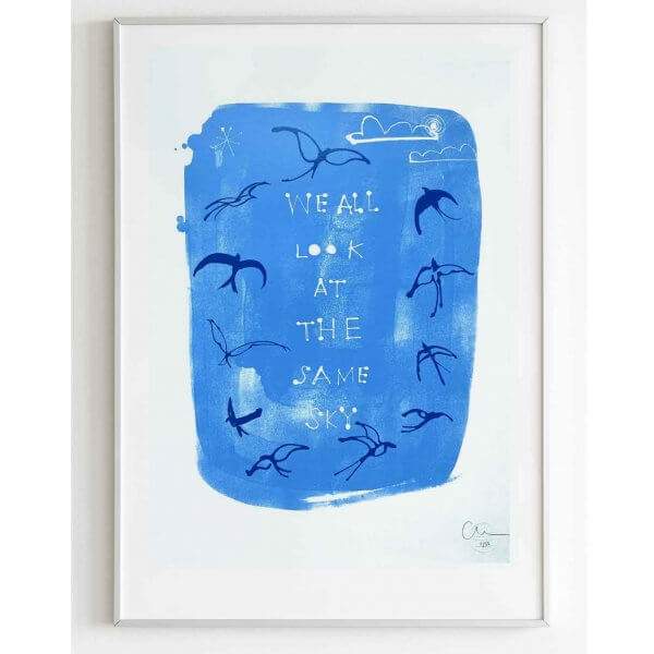 Caroline Tomlinson silkscreen edition. Framed 'We all look at the same sky' edition 50. Two colour screen print by Caroline Tomlinson inspired by the belonging and freedom Two colour hand printed silkscreen A2 sized print.Sky blue background and yves klein blue.