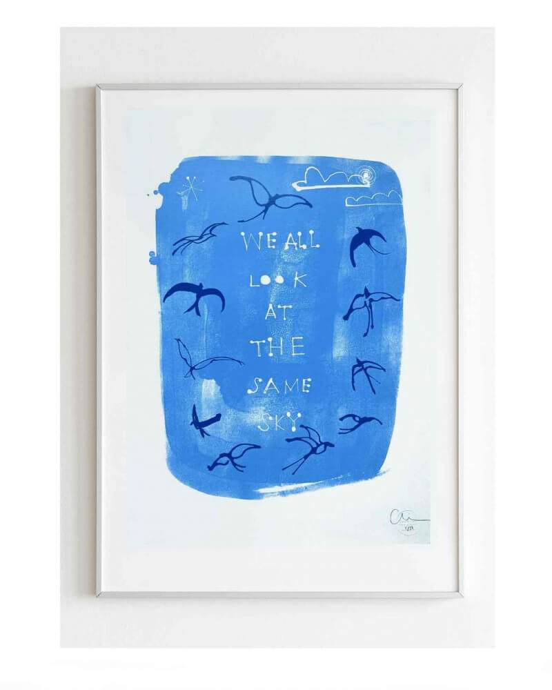Caroline Tomlinson silkscreen edition. Framed 'We all look at the same sky' edition 50. Two colour screen print by Caroline Tomlinson inspired by the belonging and freedom Two colour hand printed silkscreen A2 sized print.Sky blue background and yves klein blue.