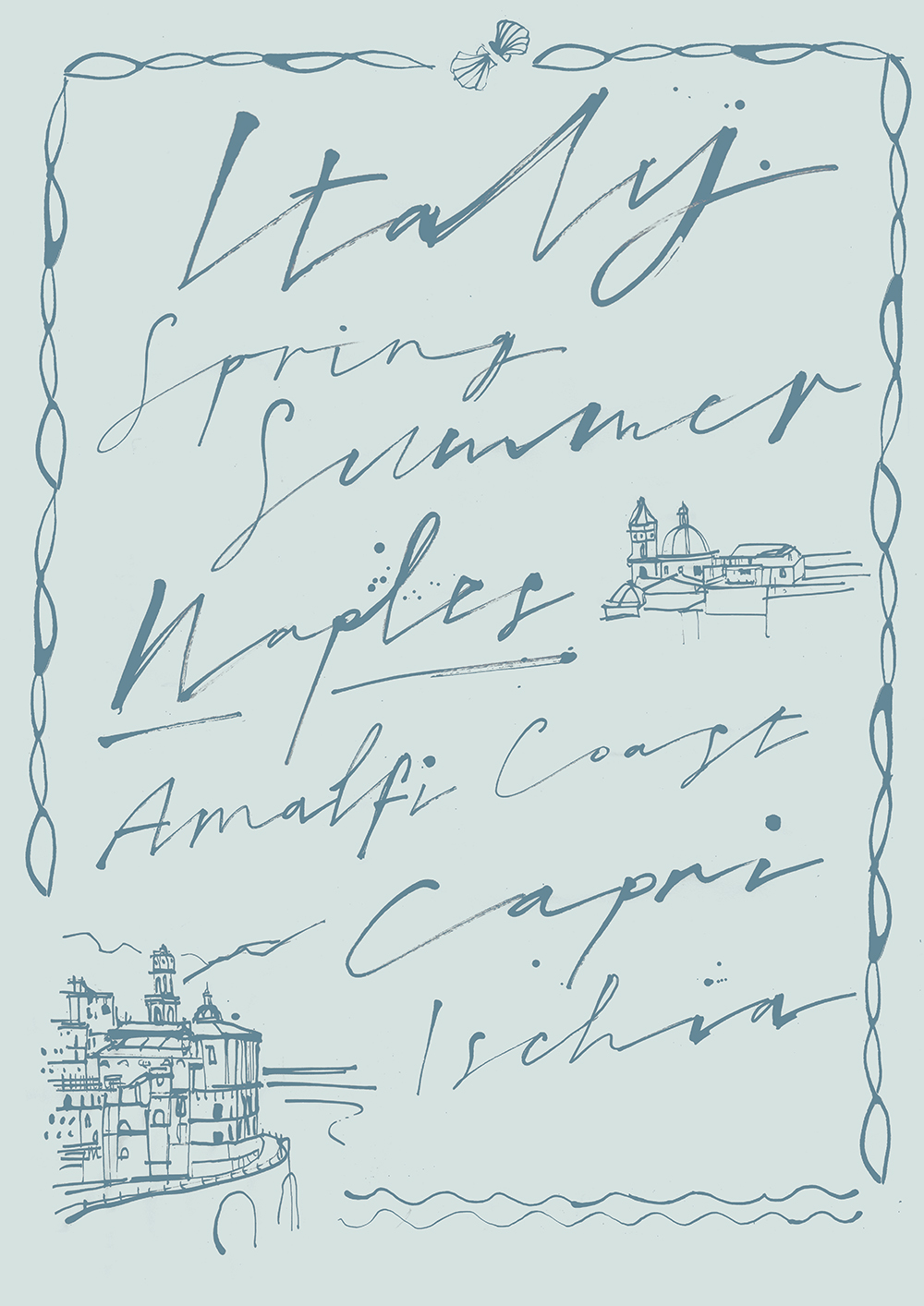 Hand drawn ink lettering for an illustrated series of patterns and textile design for Italian brand Kiton. Inspired by Naples and Amalfi Coast.
