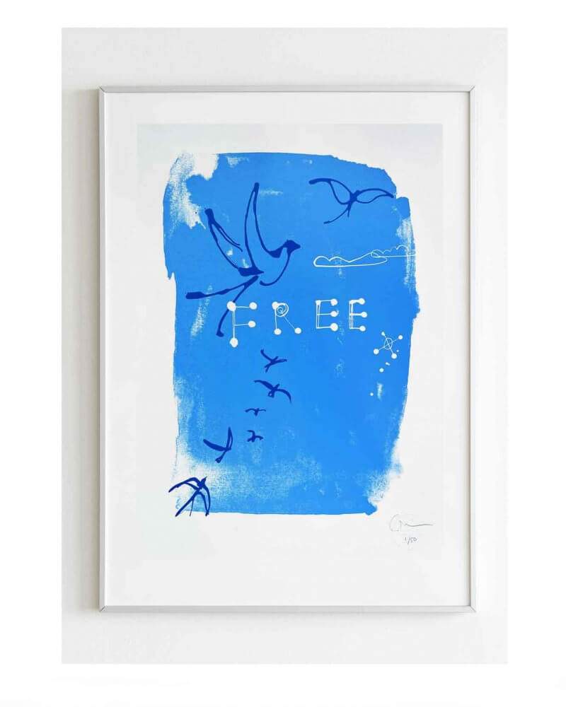 Caroline Tomlinson silkscreen edition. Framed "Free'' edition 50. Two colour screen print by Caroline Tomlinson inspired by the belonging and freedom Two colour hand printed silkscreen A3 sized print.Sky blue background and yves klein blue swallow heading up with hand written Free.