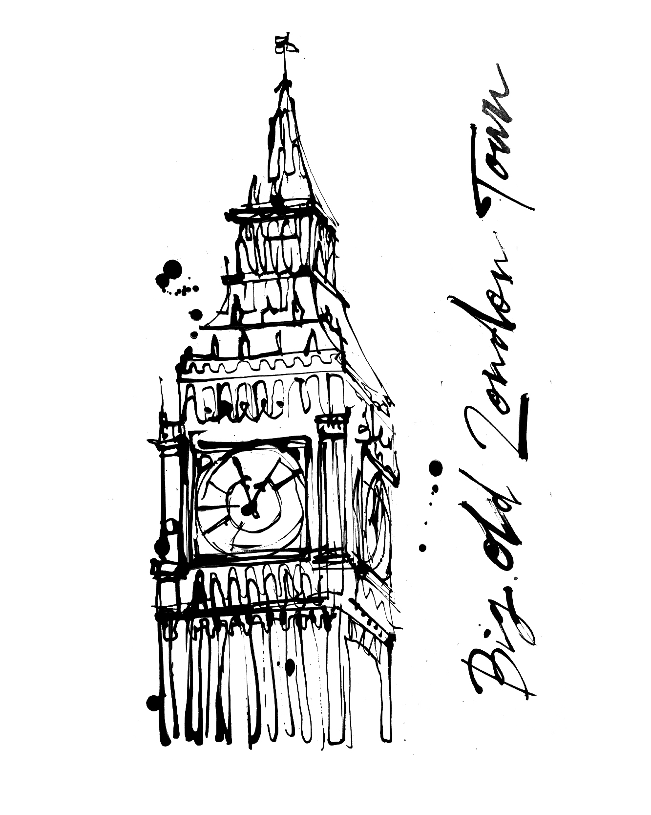 Sketchbook drawings of Big Ben London landmarks  in celebration of London Design Festival. Initial stage of the project capturing iconic London architecture and the energy of the city. Black ink drawing and  hand drawn lettering