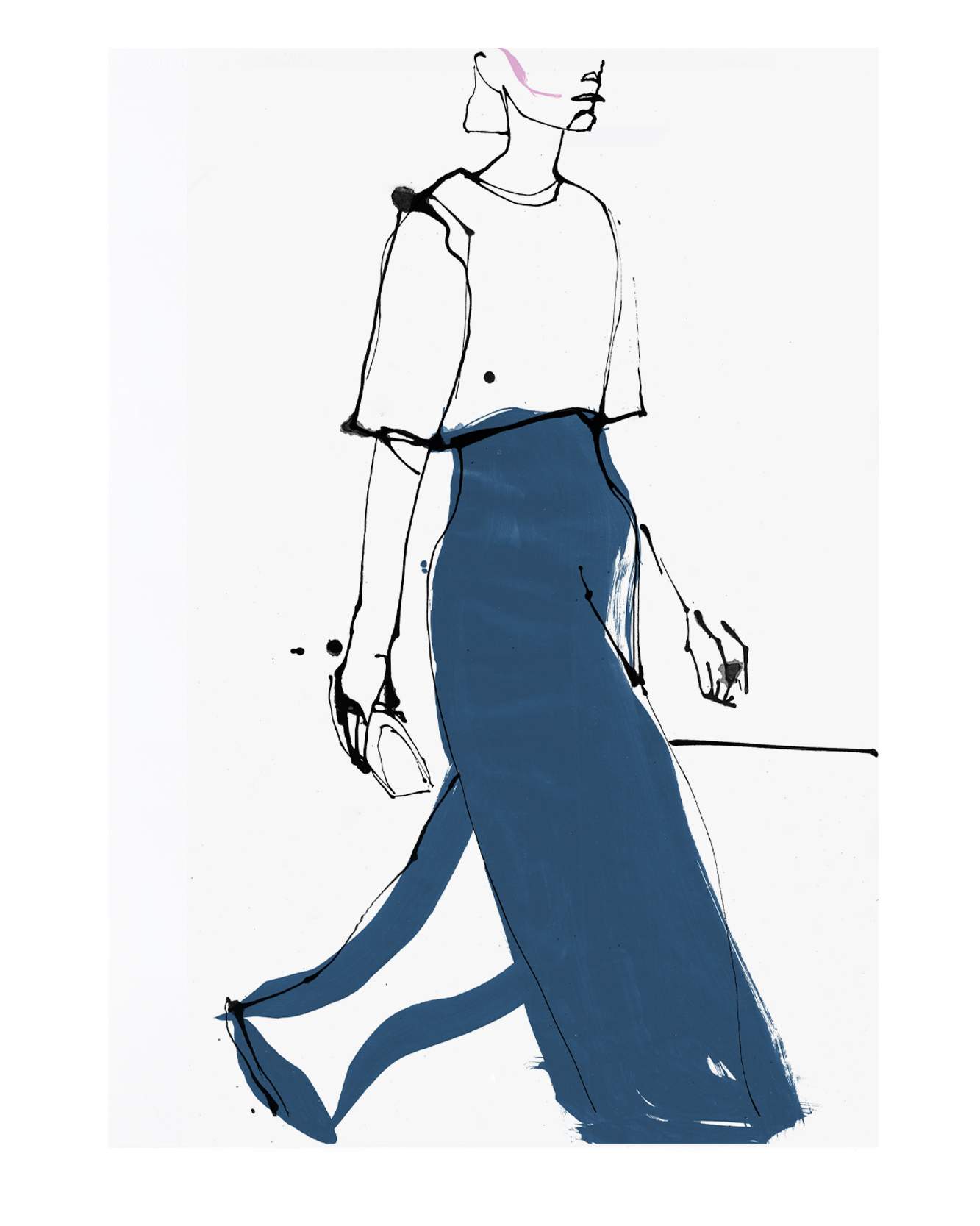 Fashion illustration hand drawn in ink. Woman drawing. Woman walking catwalk fashion illustration. Fashion drawing woman on a catwalk