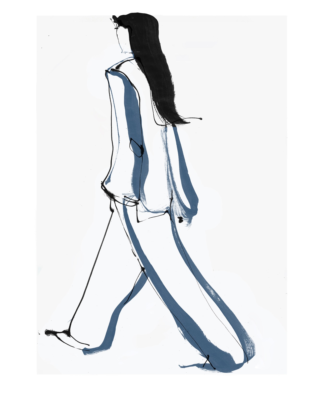 Fashion illustration hand drawn in ink. Woman drawing. Woman walking catwalk fashion illustration. Fashion drawing woman on a catwalk