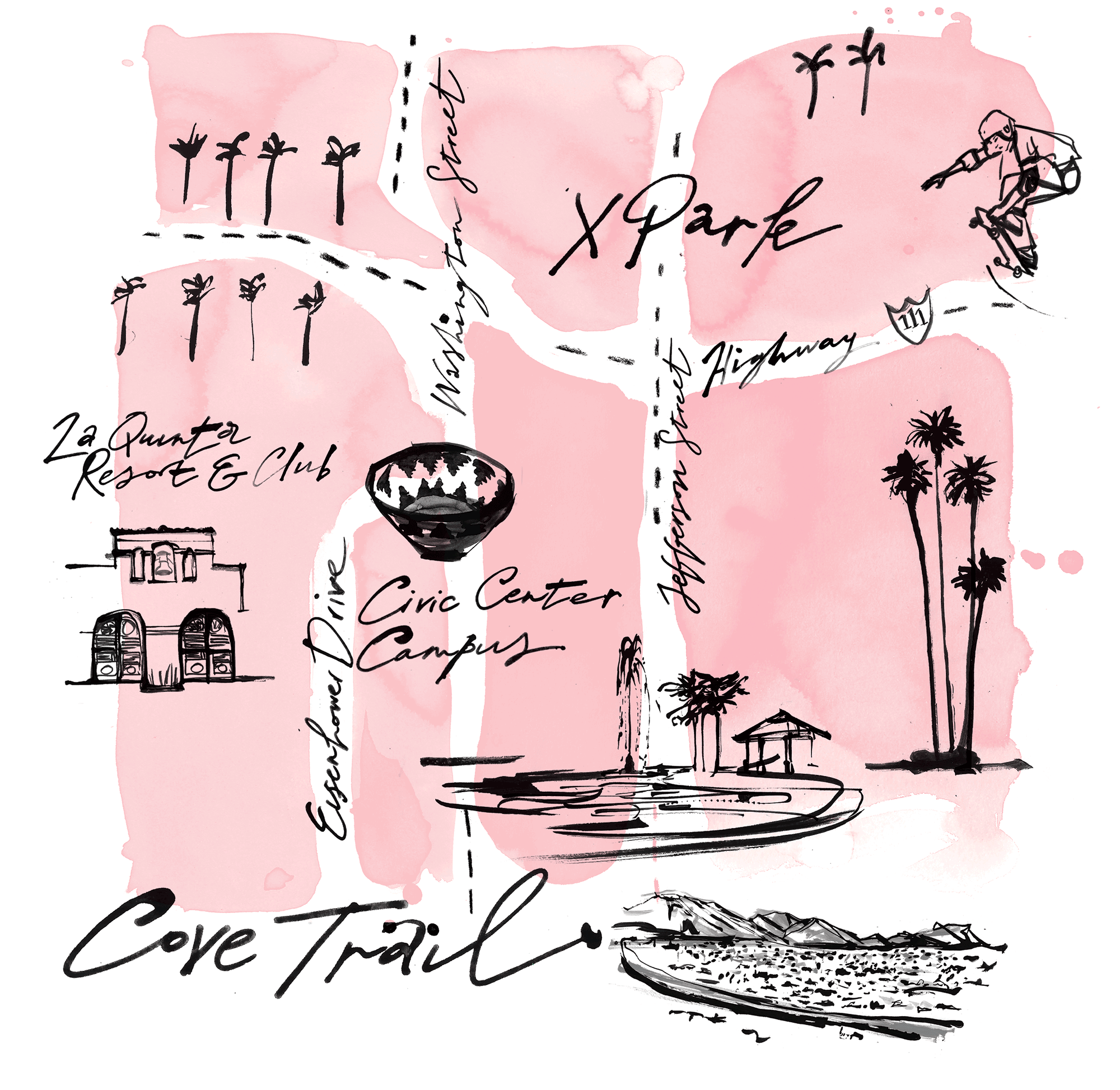 Travel inspired Illustrated Maps for Palm Springs Life Magazine Incorporating my inky hand written lettering, and drawings of landmarks and areas of interest.