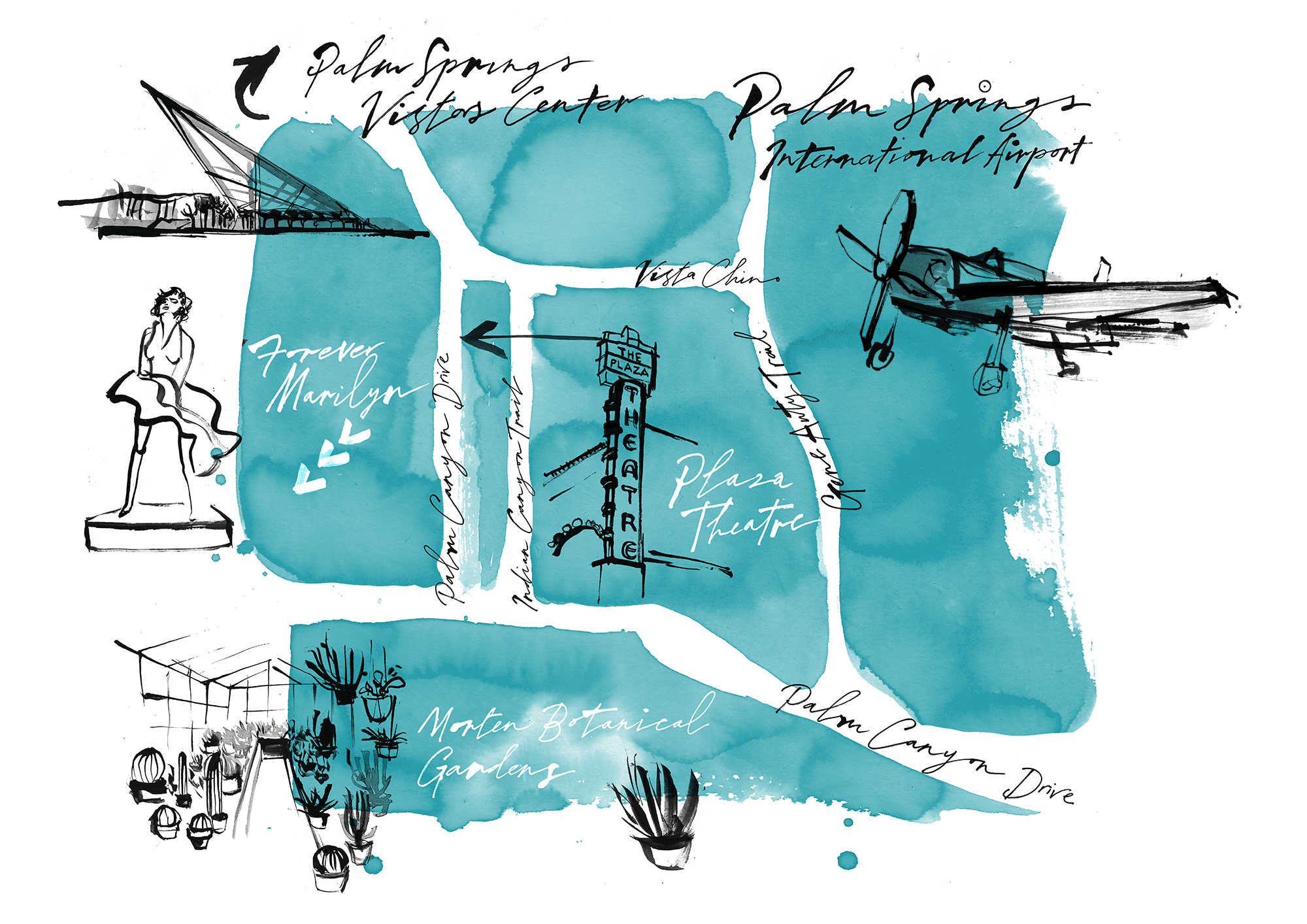 Travel inspired Illustrated Maps for Palm Springs Life Magazine Incorporating my inky hand written lettering, and drawings of landmarks and areas of interest.