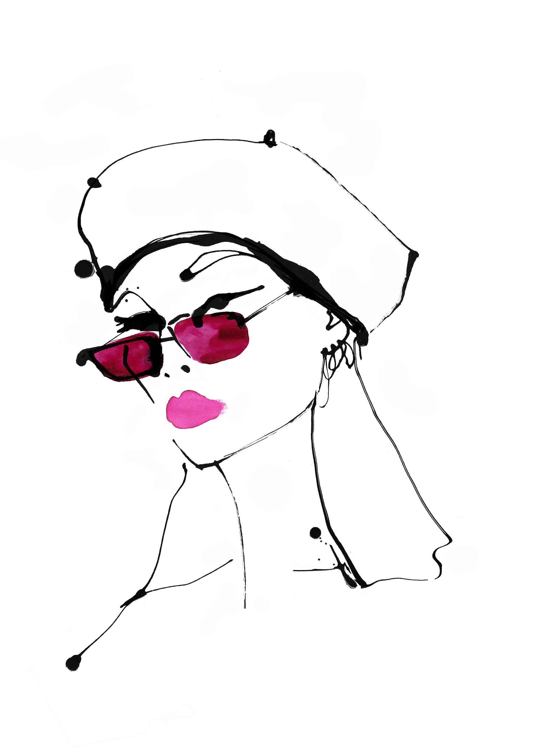 Fashion illustration hand drawn in ink. Woman in beret and pink sunglasses. Street style inspired fashion illustration.