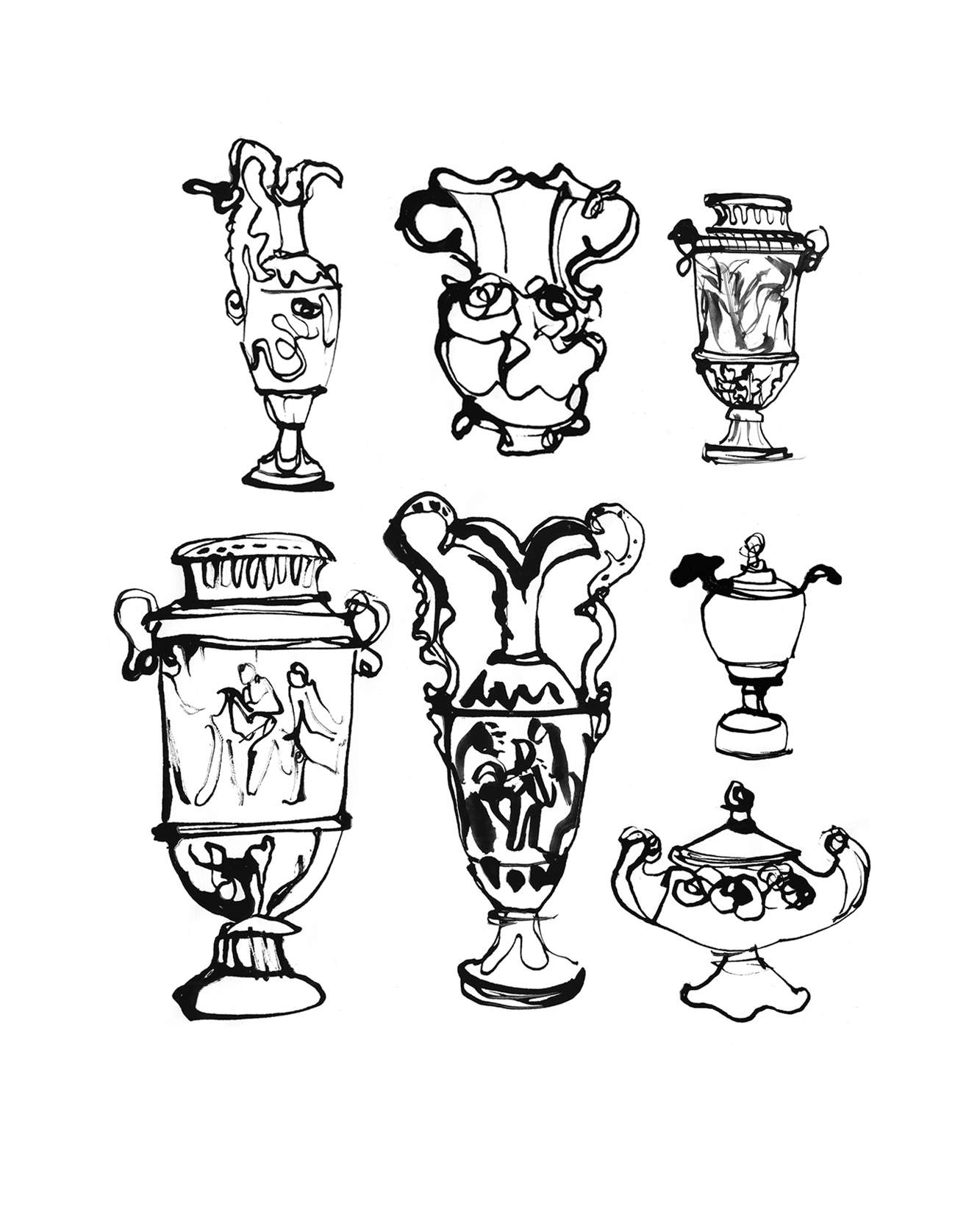 Inky line drawings of Capodimonte porcelain vases for Kiton fashion label. Simple line illustrations that were developed into a repeat pattern