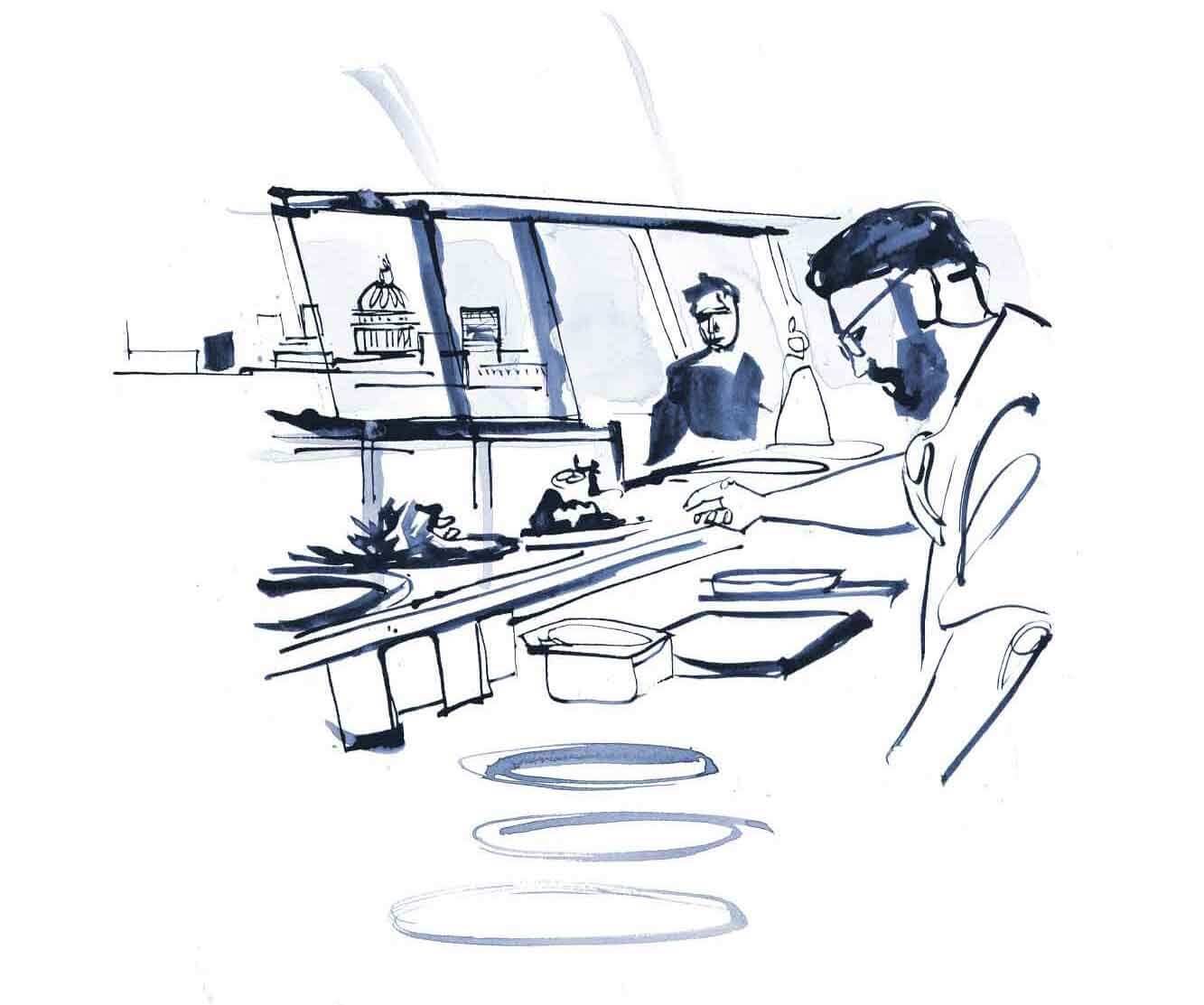 Illustrating the oxo tower restaurant during service. Chefs plating up and waiters serving food and cocktails. Brushstroke style illustrating hospitality.