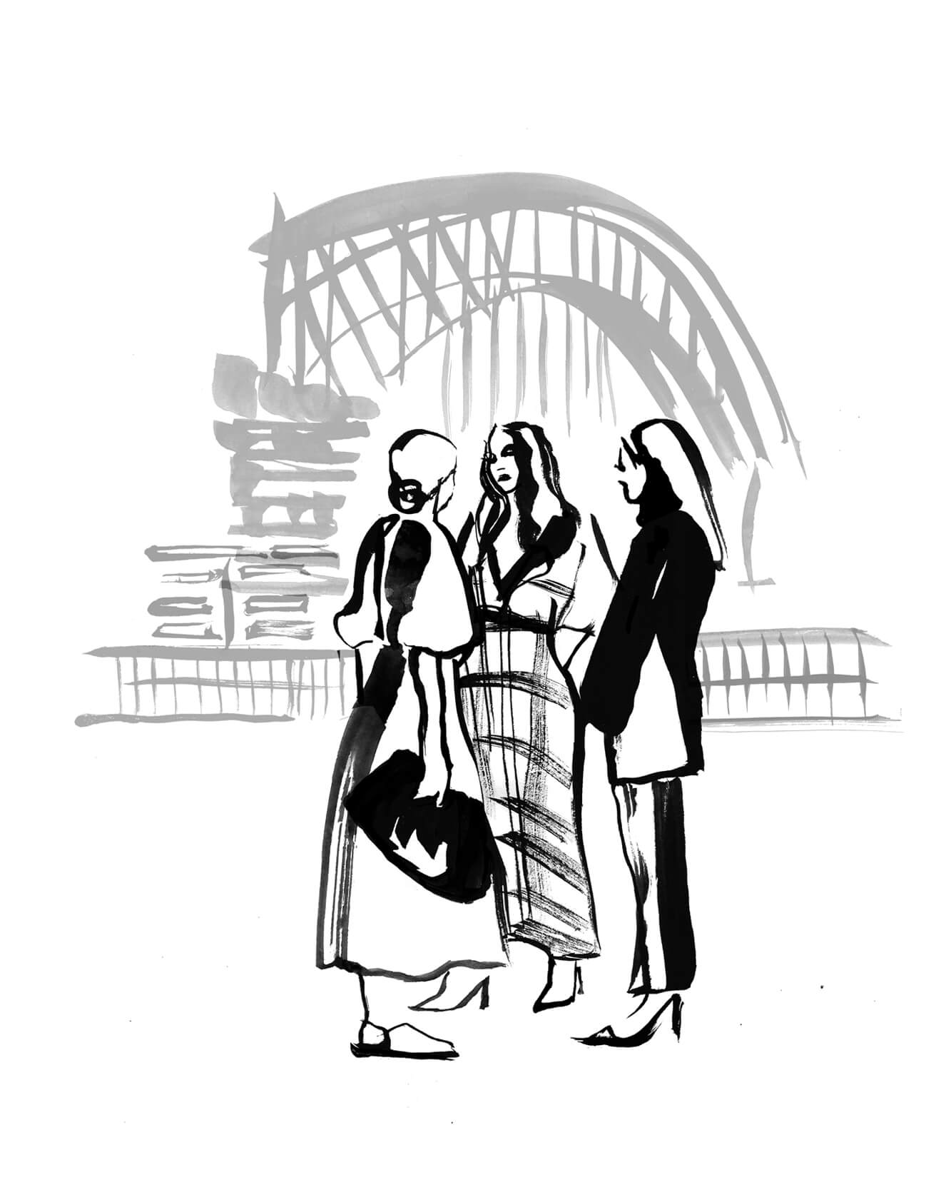 A group of women illustrated at Sydney fashion week with Sydney harbour in the background. Drawn in inky fashion illustration style by Caroline Tomlinson.