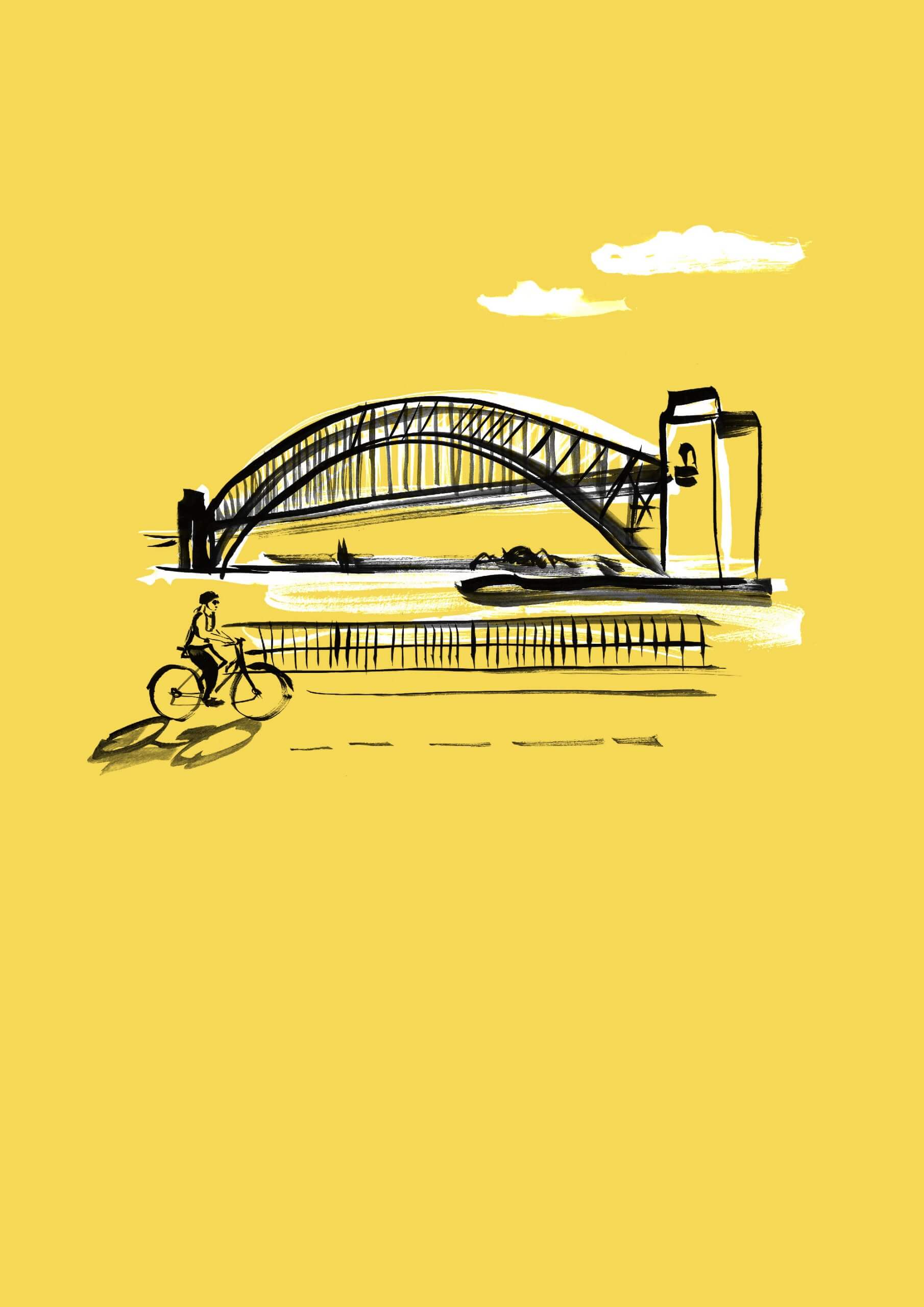Ink illustration of the skyline of Sydney and the Sydney harbour bridge with a cyclist passing the iconic landmark. Limited colour palette using ink and brush to create expressive inky travel illustration.