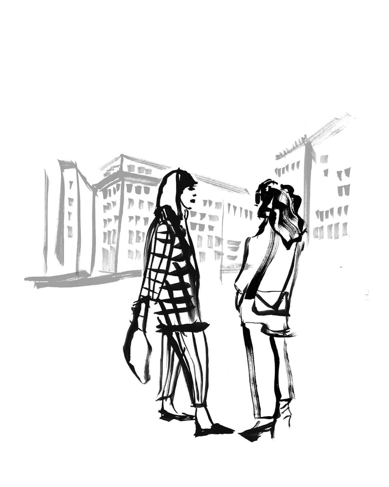 Two women talking. An  illustration of street style at Sydney fashion week with Sydney in the background. Drawn in inky fashion illustration style by Caroline Tomlinson.