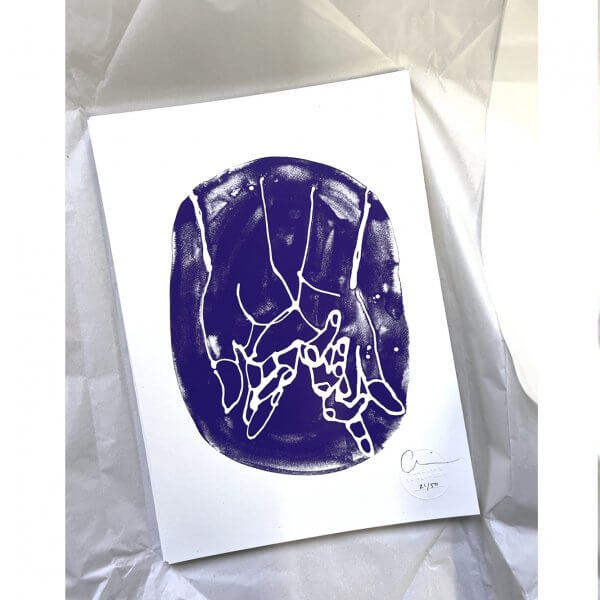 A re-edition in plum 50 screen print by Caroline Tomlinson inspired by the magic of being together. One colour hand printed silkscreen A4 sized print. Plum background and white lines of two hands holding each other, together.