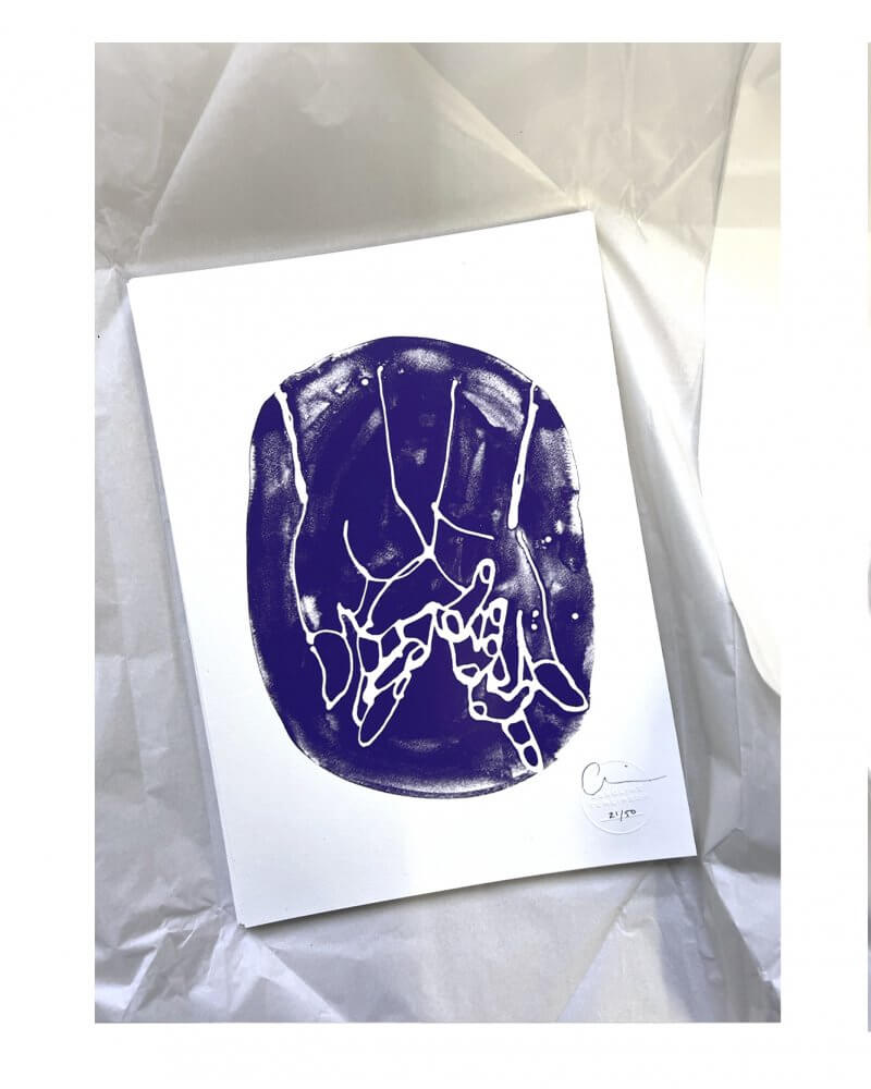 A re-edition in plum 50 screen print by Caroline Tomlinson inspired by the magic of being together. One colour hand printed silkscreen A4 sized print. Plum background and white lines of two hands holding each other, together.