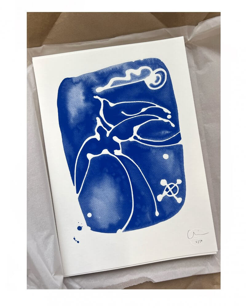 Caroline Tomlinson silkscreen edition. "Together' edition 50. One colour screen print by Caroline Tomlinson inspired by the belonging and freedom One colour hand printed silkscreen A3 sized print, yves klein blue print.