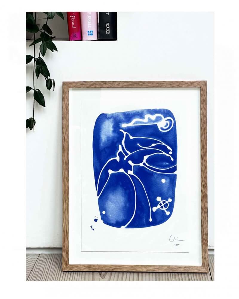 Framed - Caroline Tomlinson silkscreen edition. "Together' edition 50. One colour screen print by Caroline Tomlinson inspired by the belonging and freedom One colour hand printed silkscreen A3 sized print, yves klein blue print.