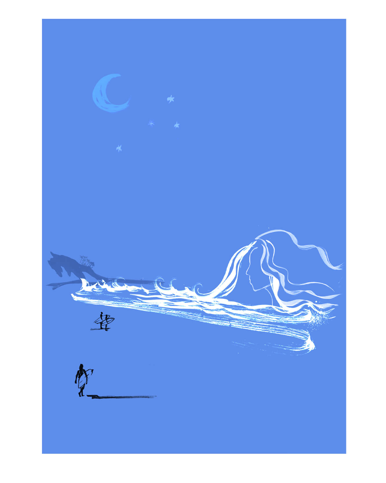 Editorial illustration for Outside magazine. An essay on how a girl transformed herself into a chill ocean girl - shifting her identity to 'fit in' with surfers culture in California. Linear paint stroke style illustration with blue background and white lines. A young girls profile raising up out the ocean on the California coastline.