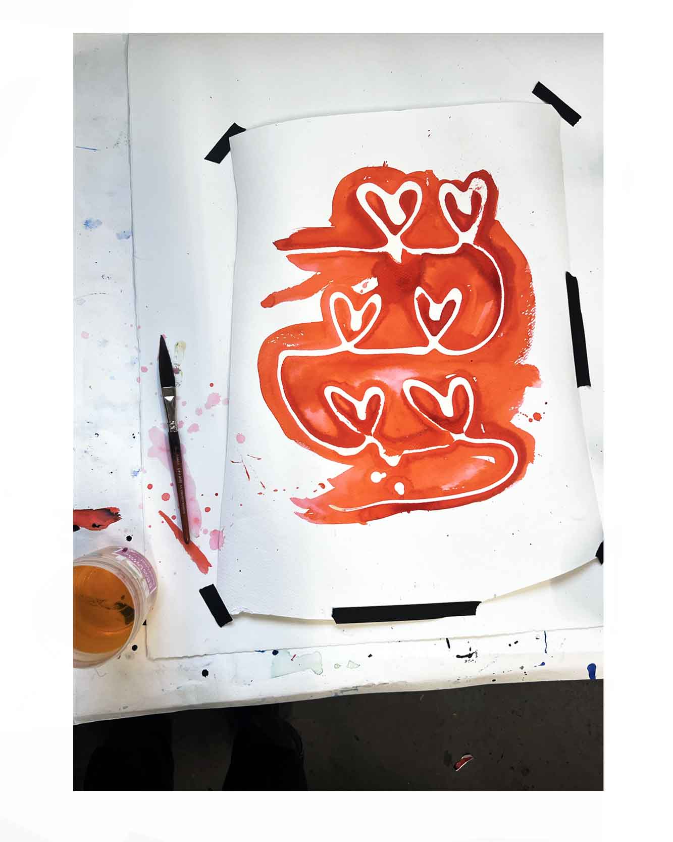 Work in progress for the  Illustrated linear pattern of love hearts part of a range of merchandise for CHOOSE LOVE charity in collaboration with TK Maxx and Print Club London. Repeat pattern of linear love hearts with a watercolour gradient ink background.  Red ink background.