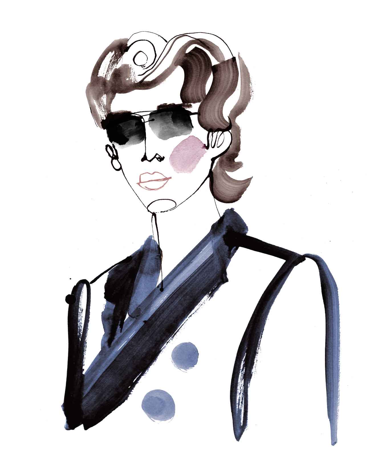 Bold brush strokes of a man in blues - loose bold lines. Original fashion drawing of a mans profile. Curly hair drawing in sunglasses. Colour fashion illustration of a man.