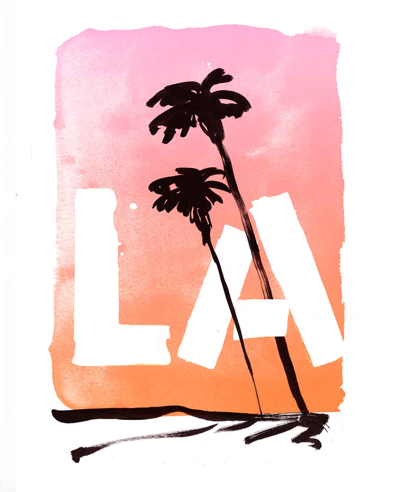 Caroline Tomlinson illustrated lettering of Los Angeles California. Travel inspired Illustrated lettering of the state of sunshine state of California Incorporating my inky hand written lettering, and drawings of  inky palm tree as landmarks 