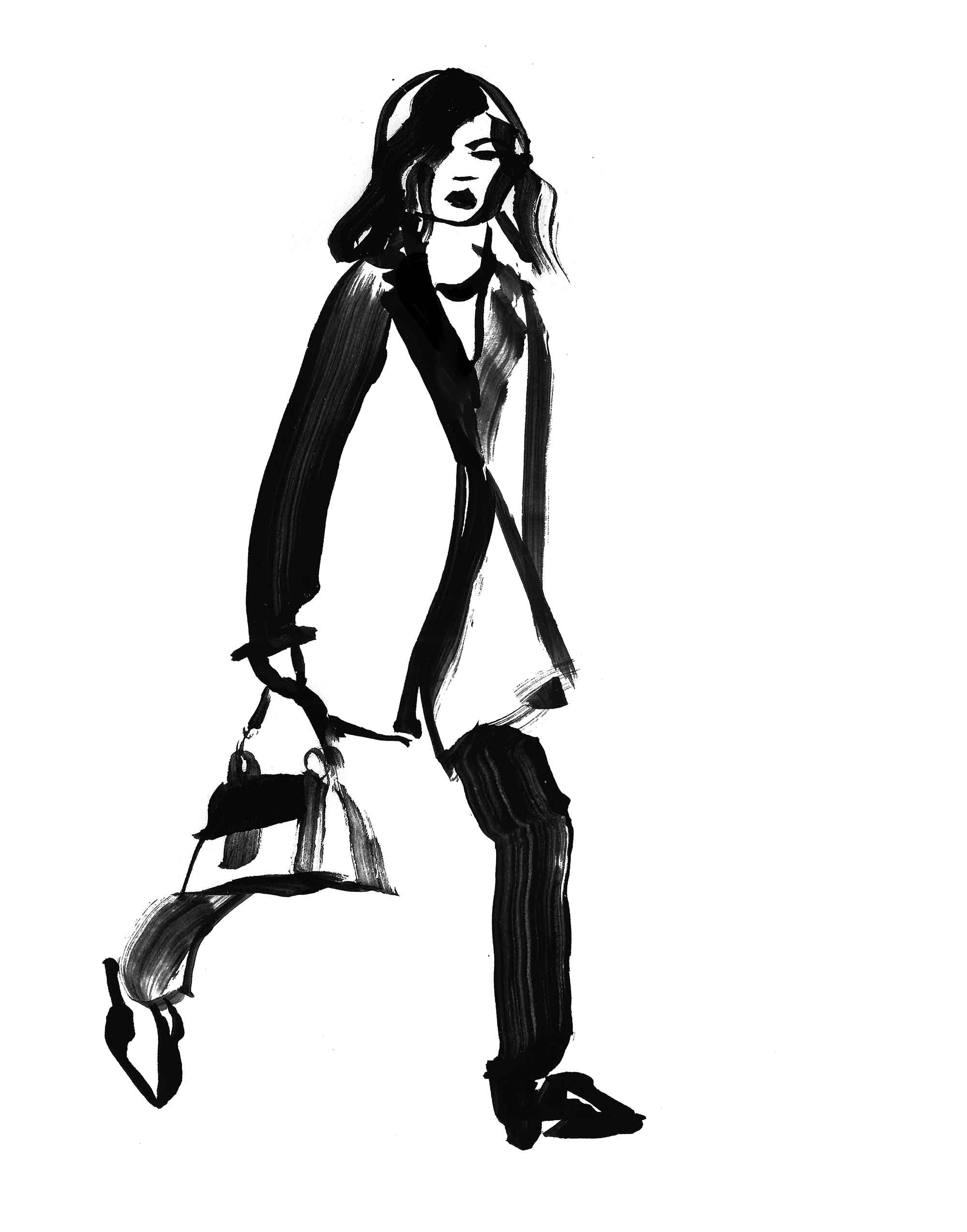 A woman illustrated in black ink, simple monochrome drawing with brishstrokes. Fashion illustration inspired. Drawn in  inky fashion illustration style by Caroline Tomlinson.
