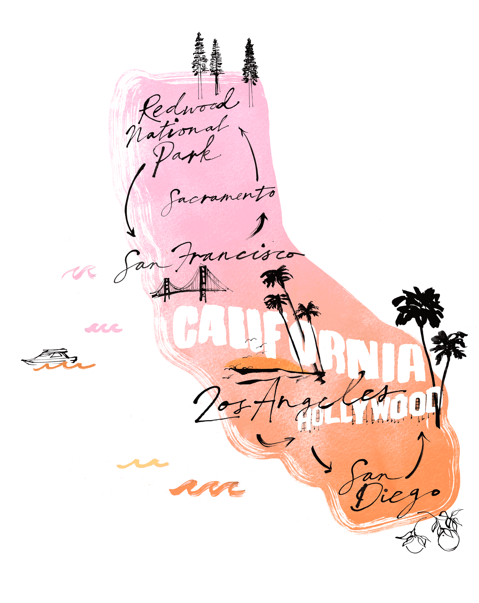 Caroline Tomlinson illustrated map of California. Travel inspired Illustrated map of the state of sunshine state of California Incorporating my inky hand written lettering, and drawings of landmarks and areas of interest.
