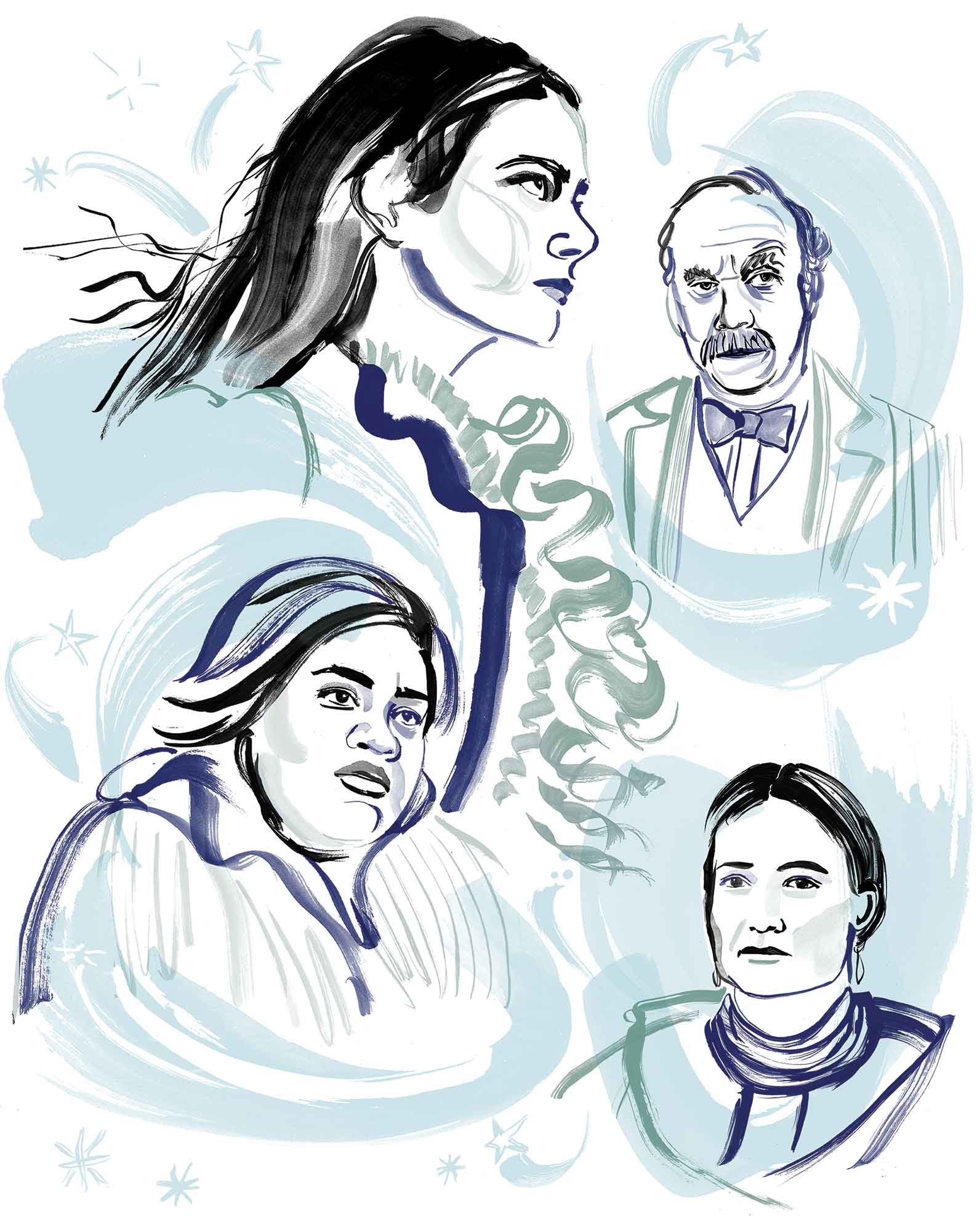 Illustrated portrait of Hollywood actors for LA Times. Oscar nominations. Portrait of Emma Stone for Poor Things, Paul Giamatti for The Holdovers. Da'Vine Joy Randolph for The Holdovers. Lily Gladstone for Killers of the Flower Moon. Ink brushstroke portrait, energetic brushstrokes, fashion illustration style. Article on The nominations for Academy Awards 2024