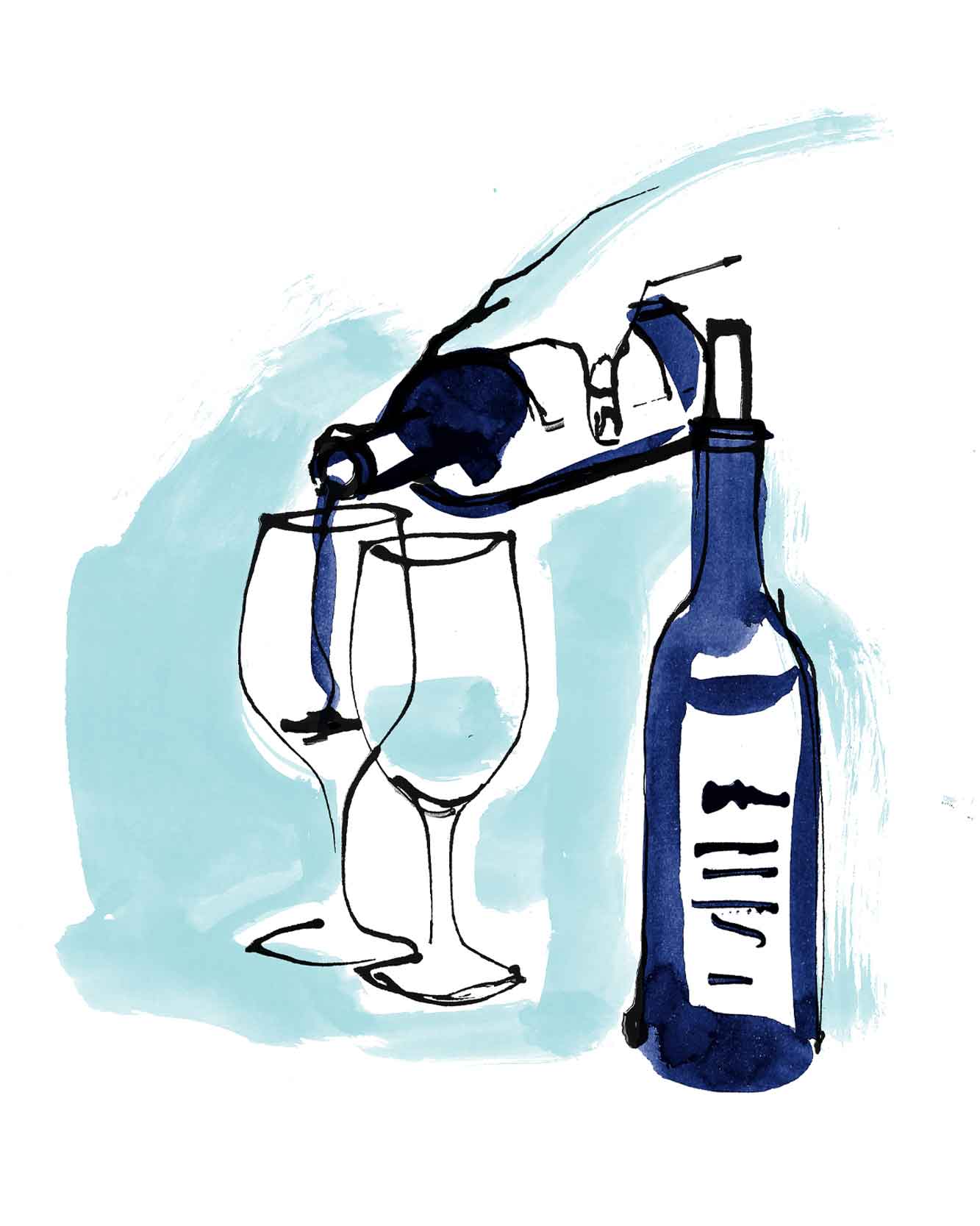 A watercolour and ink illustration of a hand pouring wine into a wine glass. As part of a culinary inspired cruise illustration.<br />
Simple line drawing with a wash of colour. Loose energetic line with an energy to the illustration. As part of a series of travel illustrations.