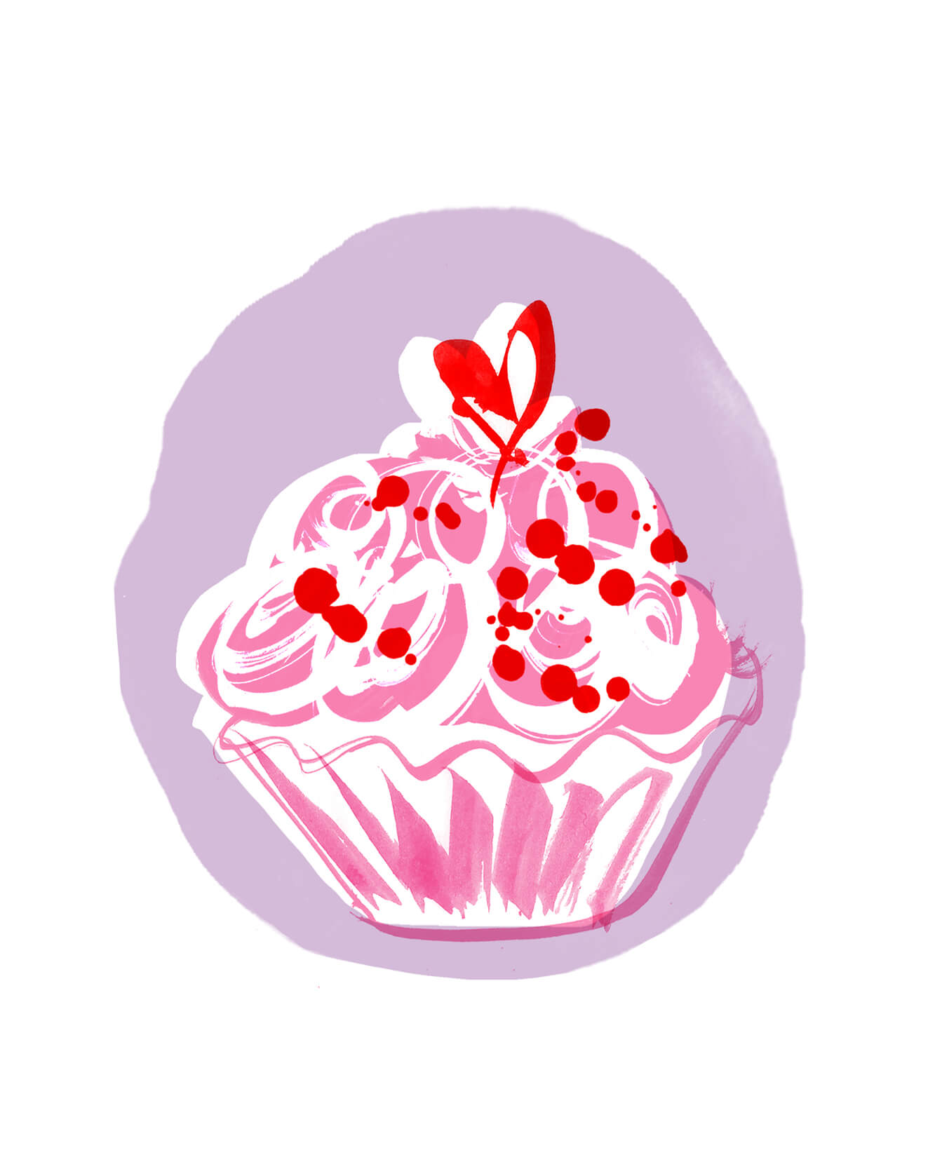 Food illustration of cakes and desserts in hand painted brush strokes and bright colours and clashing pinks. fairy cakes illustrated with icing and love hearts.