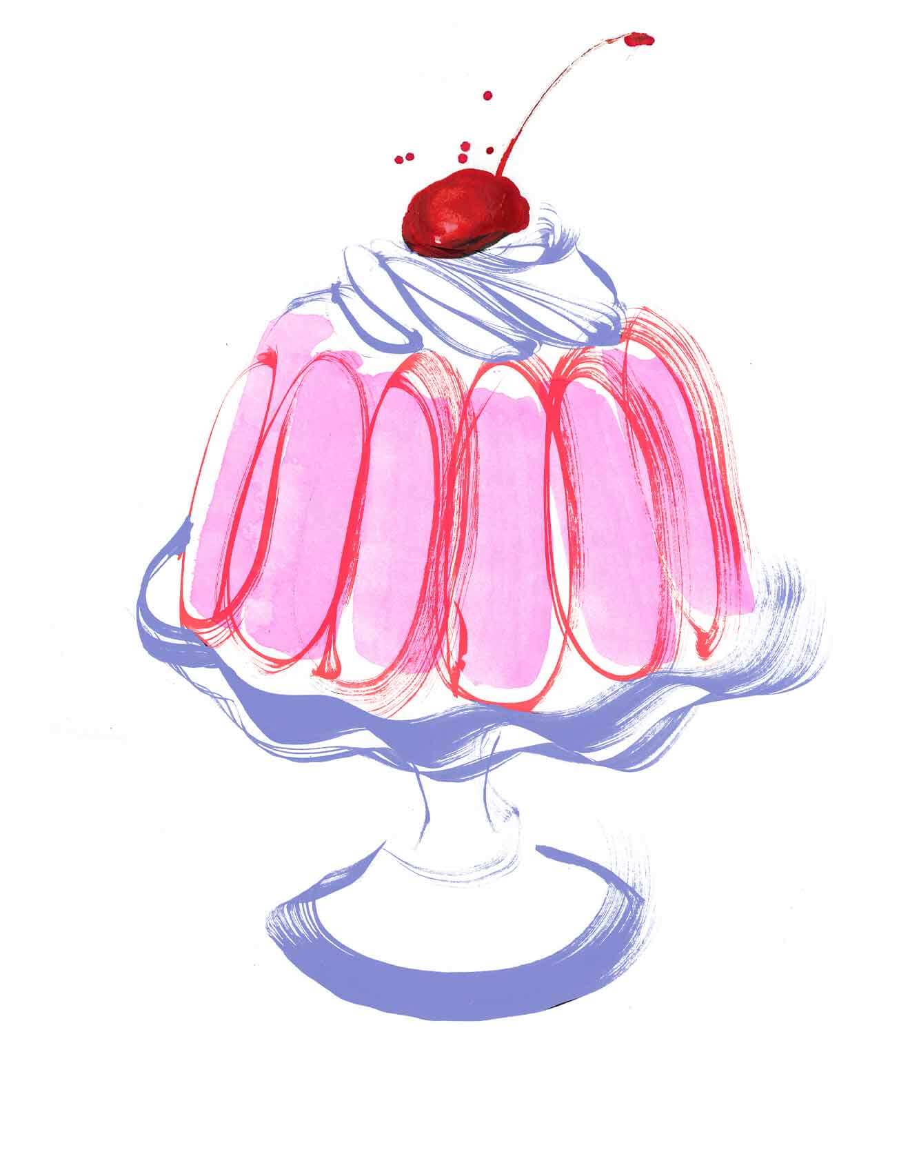 Pink jelly dessert illustrated with a cherry on top. Ink and brushstroke inspired. Food illustration.