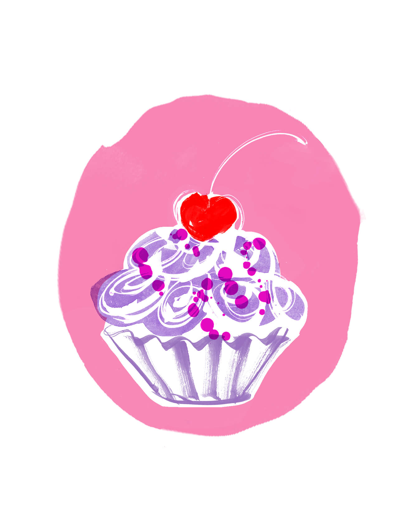 Food illustration of cakes and desserts in hand painted brush strokes and bright colours and clashing pinks.