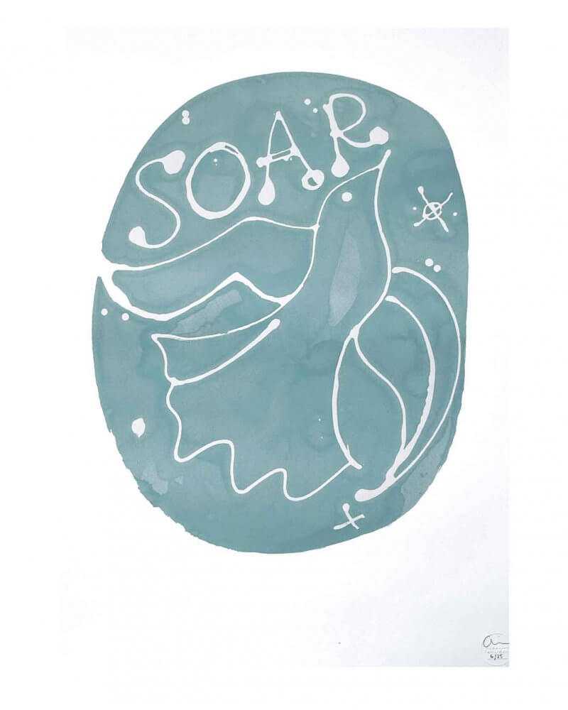 Print by Caroline Tomlinson silkscreen edition. 'Soar' edition 25. One colour screen print by Caroline Tomlinson, B2 poster size. Inspired by the sense of belonging and feeling anything is possible - aim high, and then higher. One colour hand printed silkscreen B2 sized print.