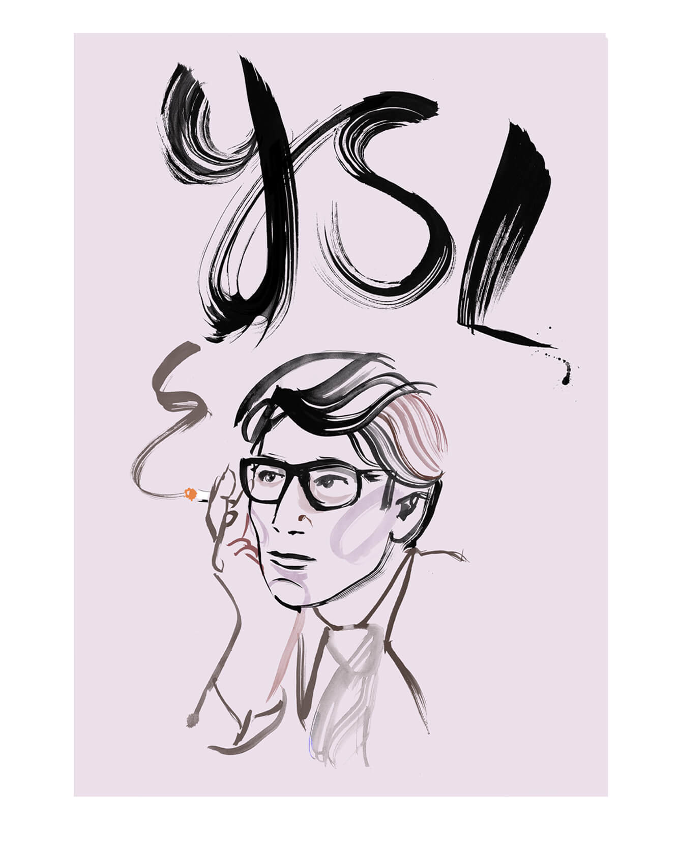 Illustrated portrait of fashion designer and style icon Yves-Saint-Laurent. Hand painted brush stroke style with hand painted lettering spelling out YSL. Fashion illustration of famous fashion designer,