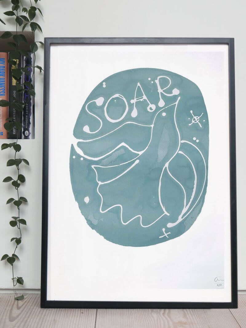Framed Caroline Tomlinson silkscreen edition. 'Soar' edition 25. One colour screen print by Caroline Tomlinson, B2 poster size. Inspired by the sense of belonging and feeling anything is possible - aim high, and then higher. One colour hand printed silkscreen B2 sized print.