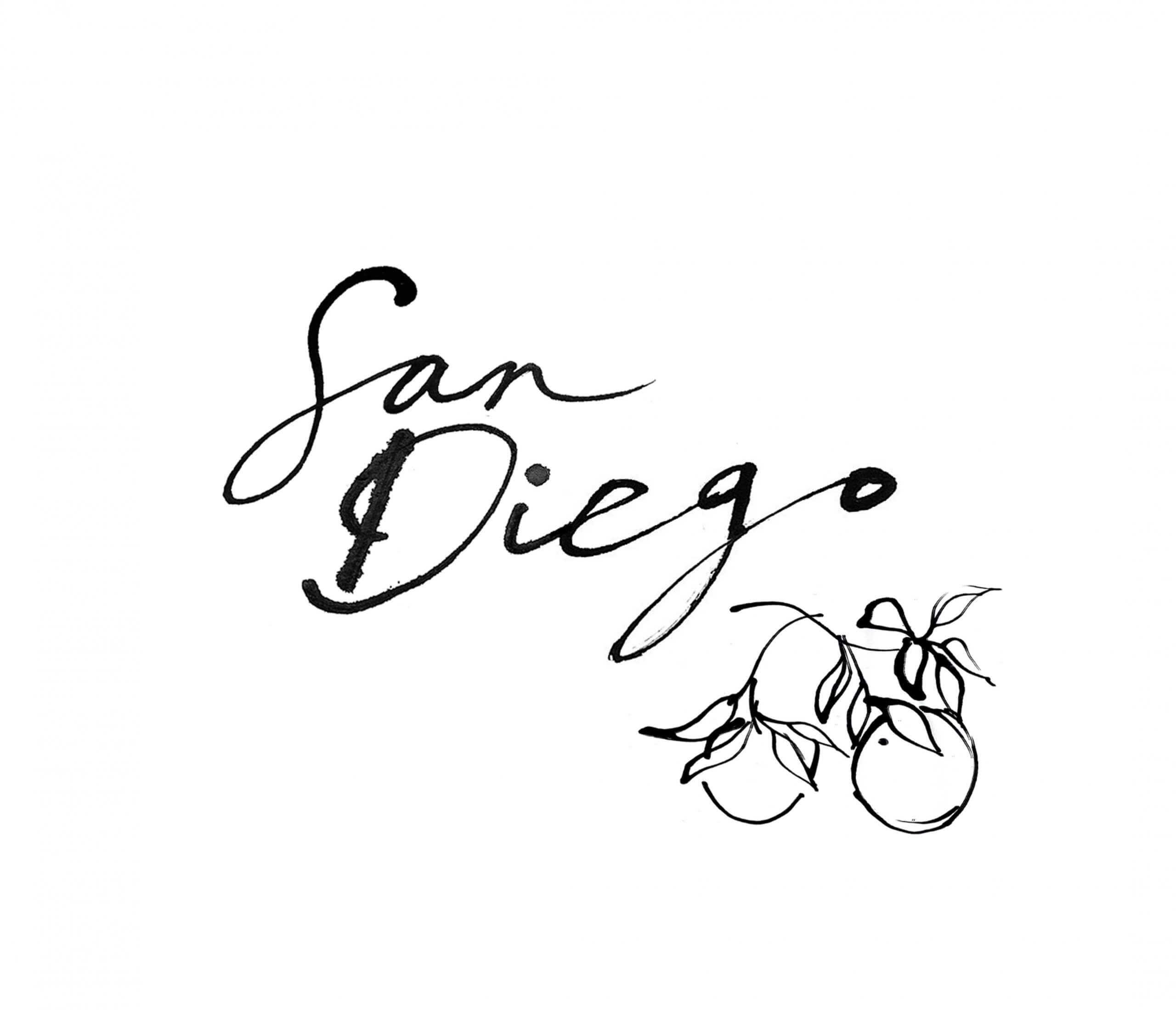 illustration and lettering San Diego  in California, park of hand drawn, simple inky line lettering and drawing. Taken from an illustrated map of the State of California.