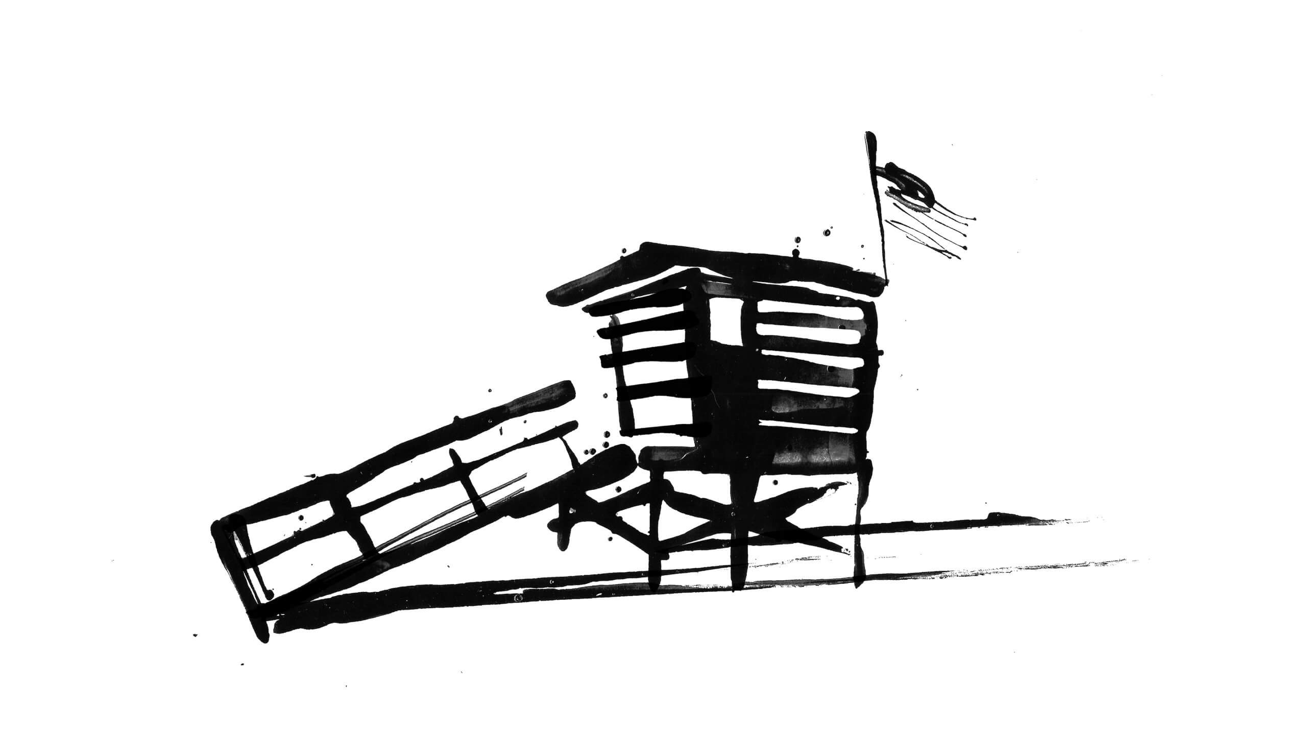 illustration of lifeguard station in Malibu in California, simple inky line drawing. Taken from an illustrated map of the State of California.