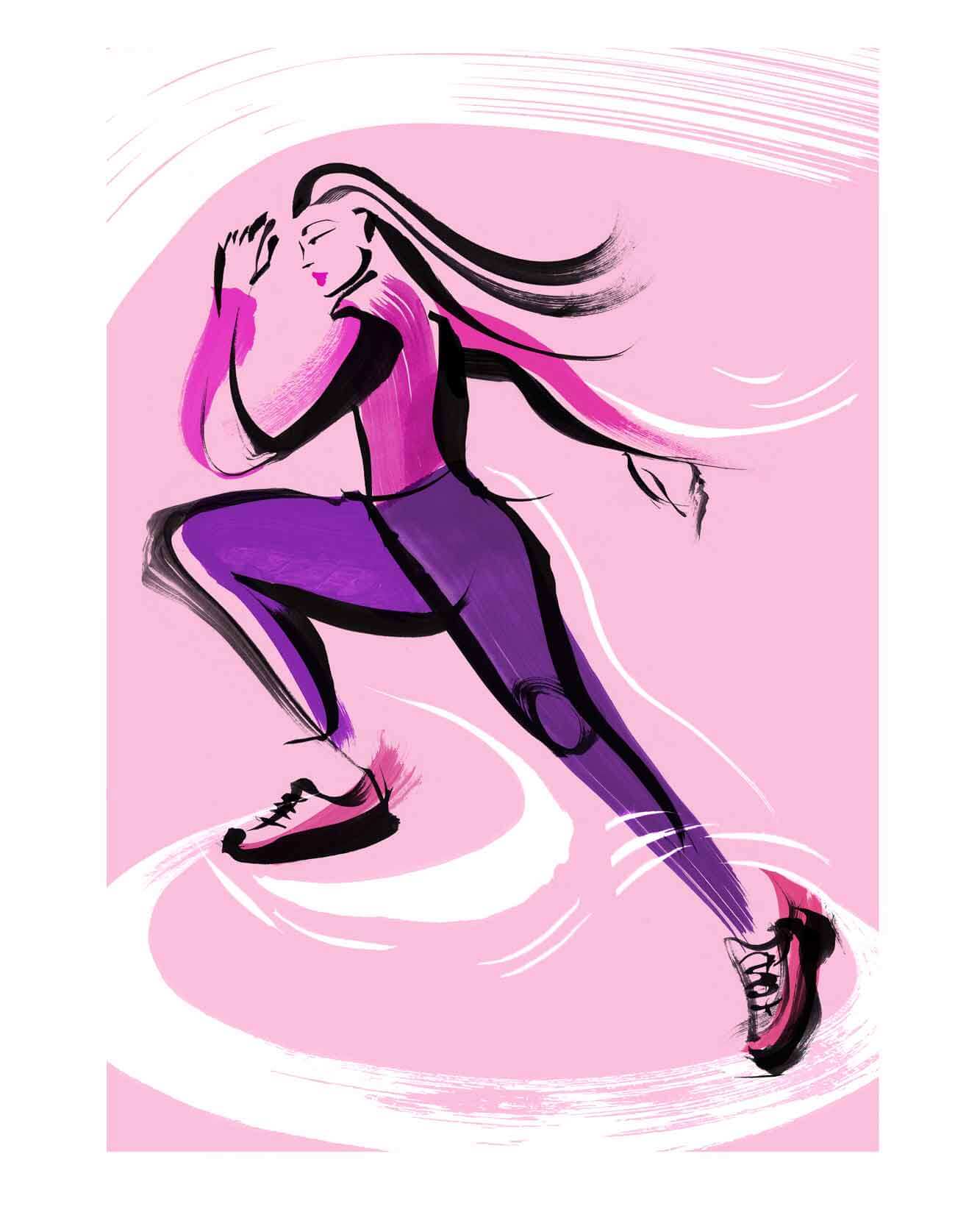 Energetic ink brush stroke illustrations of women athletes. Pink tones and white mark making. A woman leaping. Sports inspired illustration.