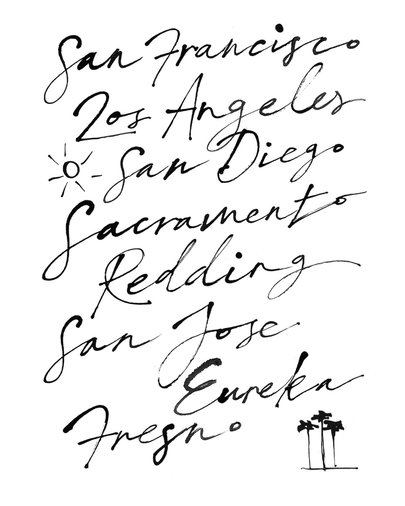 Hand drawn lettering of locations in California, for a hand drawn illustrated map, simple inky line lettering and drawing. Taken from an illustrated map of the State of California.