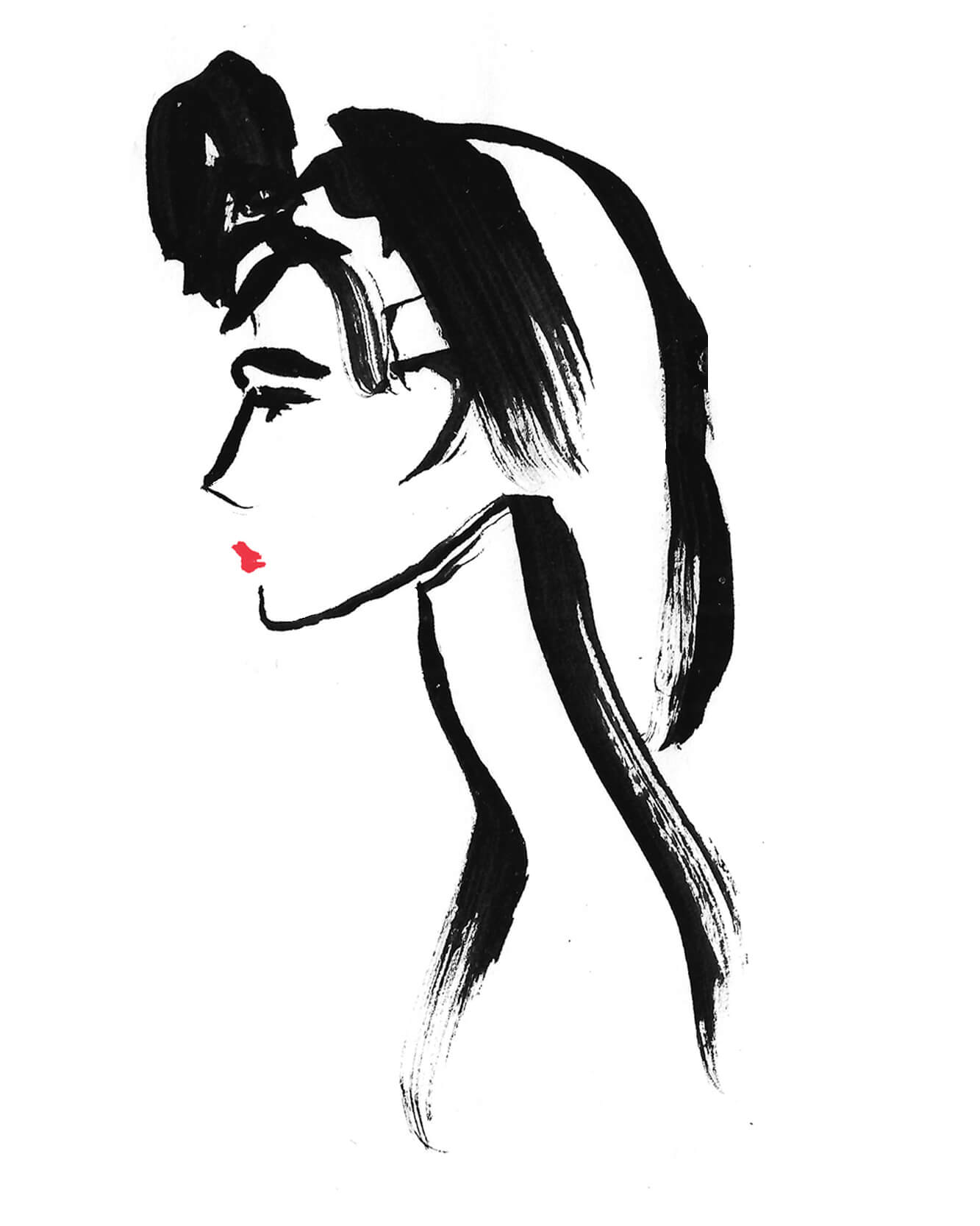 Illustrations for International Women's Day, individual profile drawings. Inky lines fashion illustration inspired illustration. Illustration style of bold black inky brush stroke marks. With simple black ink links and red lipstick. 