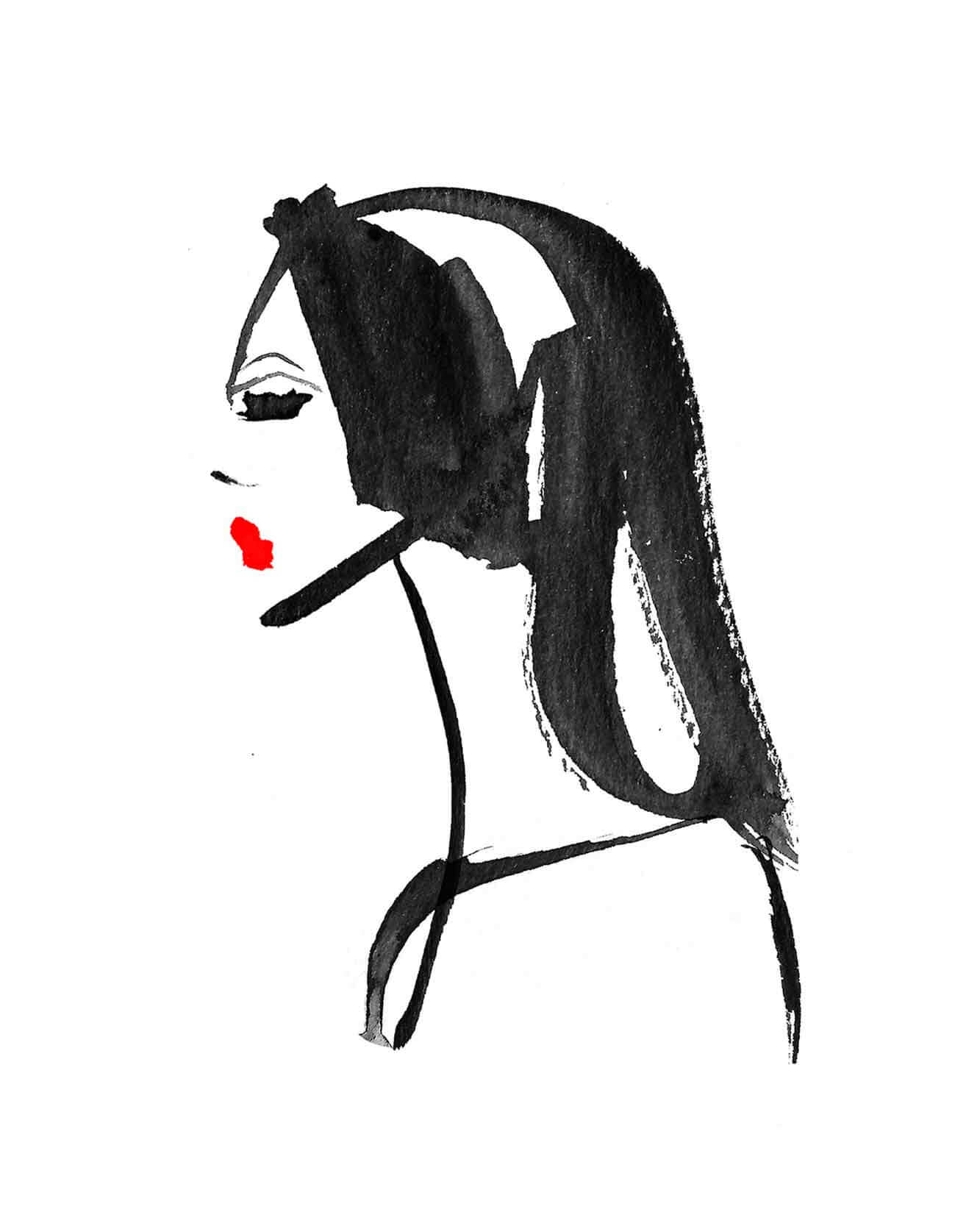 Illustrations for International Women's Day, individual profile drawings. Inky lines fashion illustration inspired illustration. Illustration style of bold black inky brush stroke marks. With simple black ink links and red lipstick.