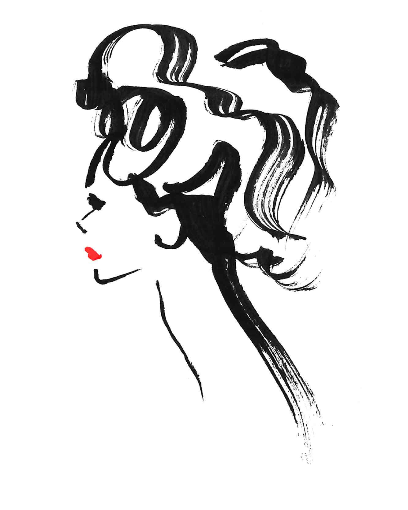 Illustrations for International Women's Day, individual profile drawings. Inky lines fashion illustration inspired illustration. Illustration style of bold black inky brush stroke marks. With simple black ink links and red lipstick.