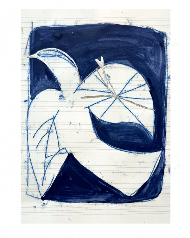 Compass Bird Original drawing by Caroline Tomlinson. Original drawing - Oil relief paint, silver leaf and house hold paint. Drawn on vintage paper