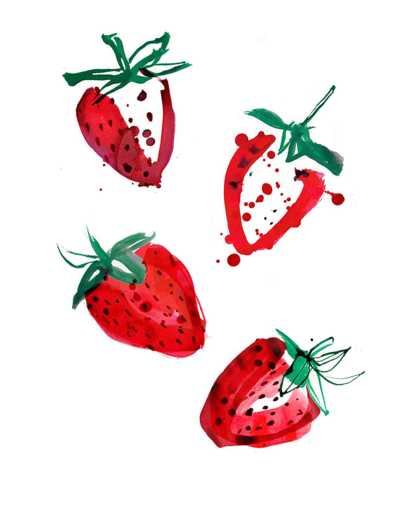 British Strwberries. A series of illustrations of fresh vegetable watercolour and ink drawings. Full colour Illustrations for a UK Food Map for Spring Summer porduce.
