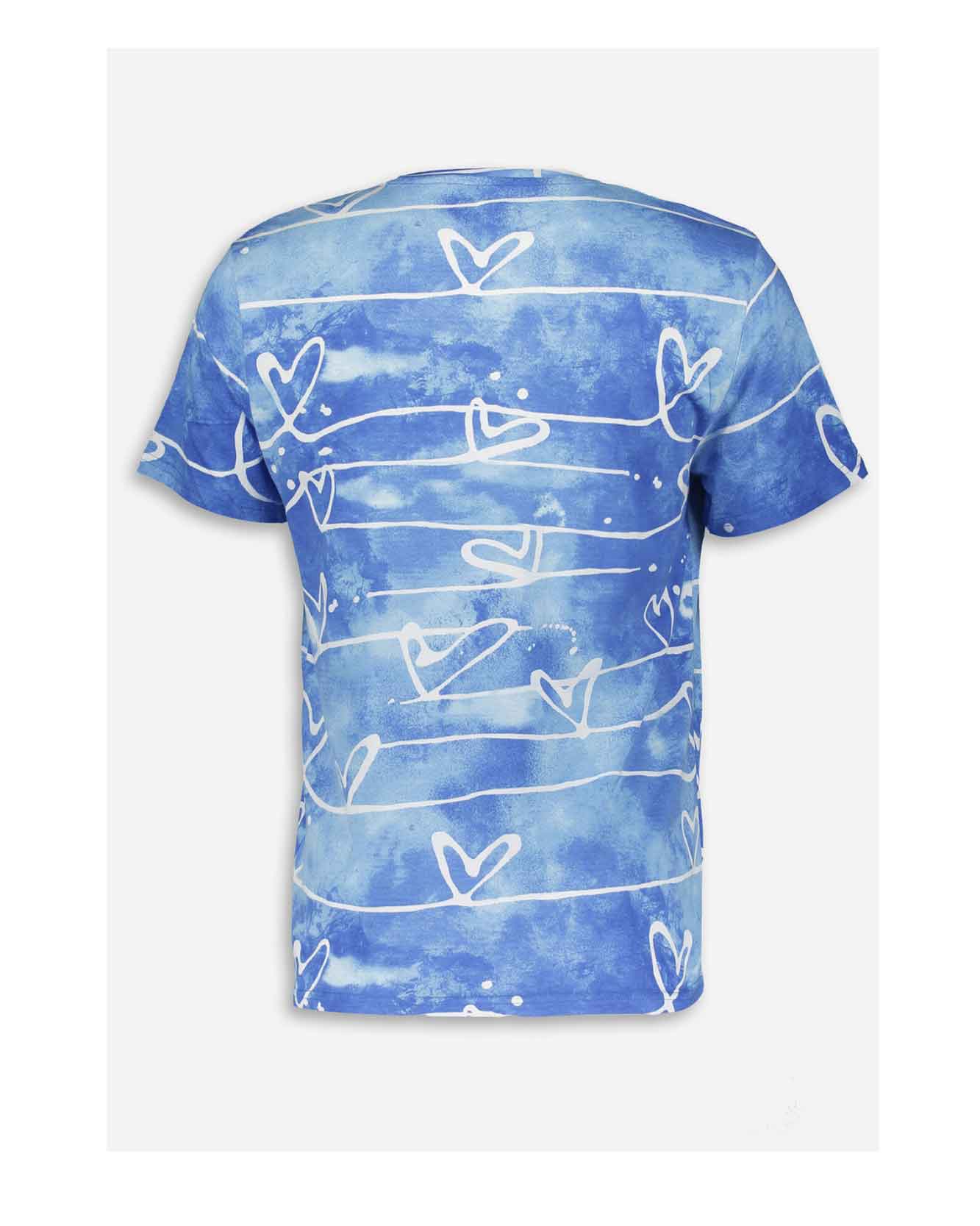 Illustrated t-shirt as part of a range of merchandise for CHOOSE LOVE charity in collaboration with TK Maxx and Print Club London. Repeat pattern of linear love hearts with a watercolour gradient ink background. Blue ink background.