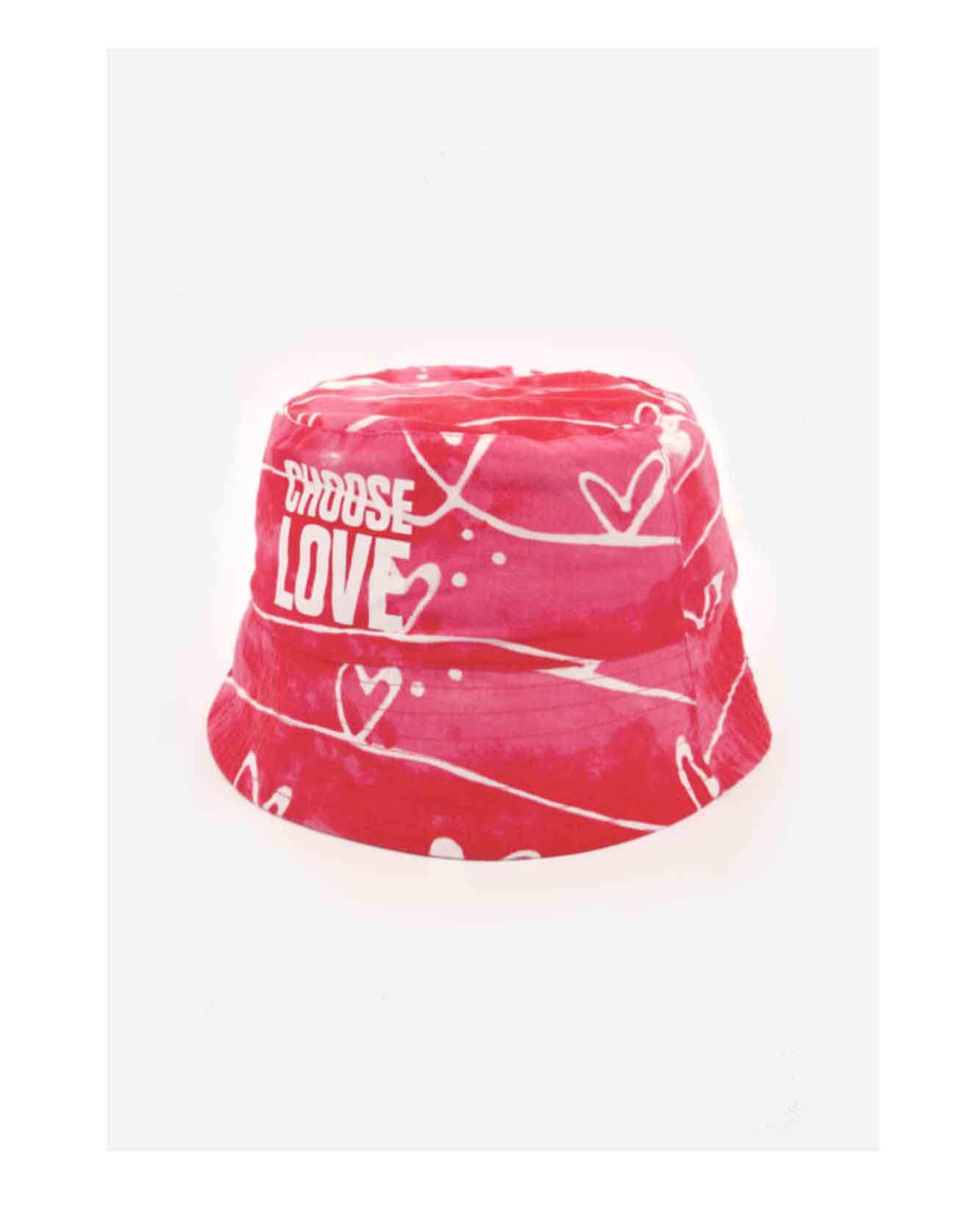 Illustrated patterned pink bucket hat as part of a range of merchandise for CHOOSE LOVE charity in collaboration with TK Maxx and Print Club London. Repeat pattern of linear love hearts with a watercolour gradient ink background. Pink ink background.