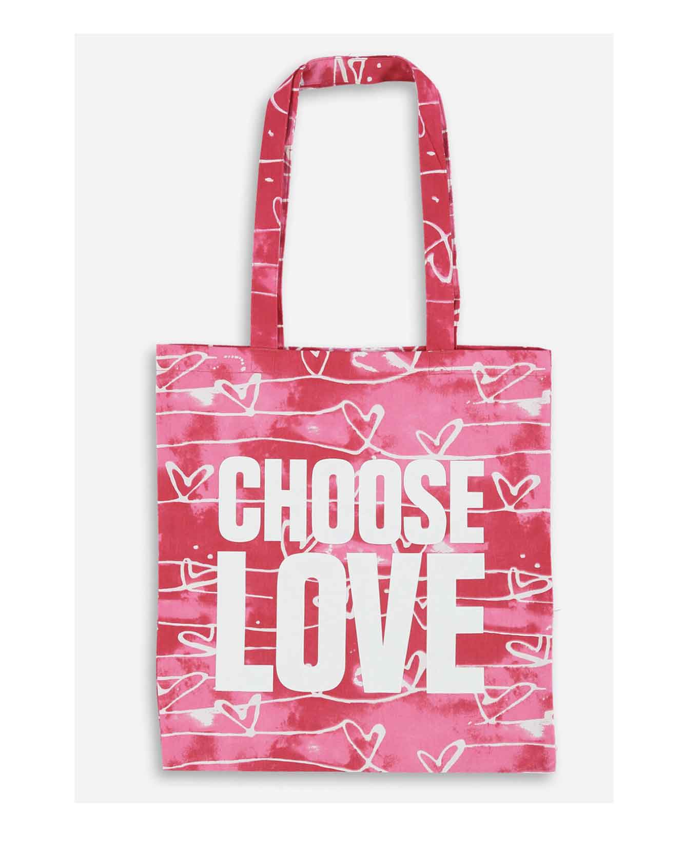 Illustrated tote bag as part of a range of merchandise for CHOOSE LOVE charity in collaboration with TK Maxx and Print Club London. Repeat pattern of linear love hearts with a watercolour gradient ink background. Pink ink background.