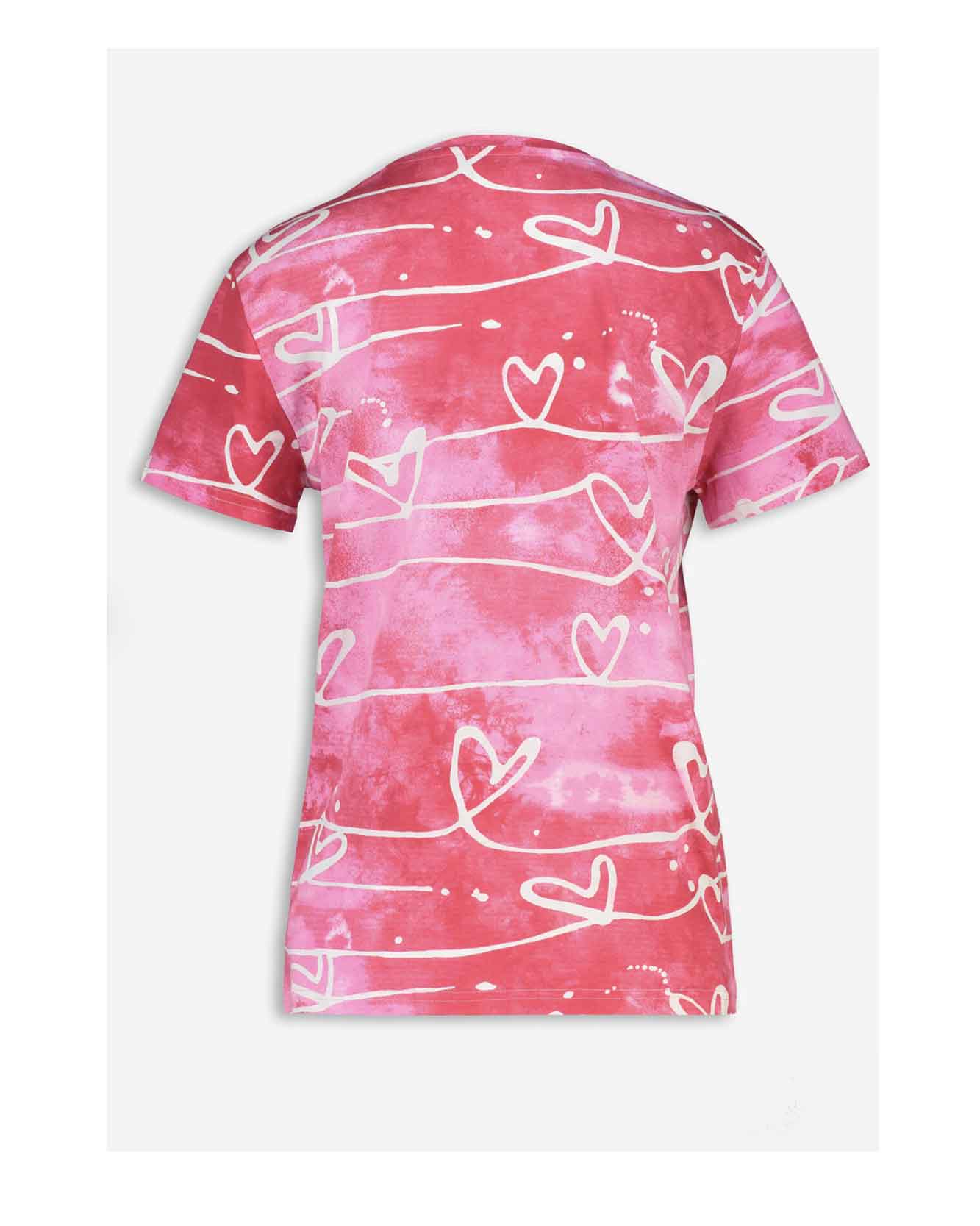 Illustrated t-shirt as part of a range of merchandise for CHOOSE LOVE charity in collaboration with TK Maxx and Print Club London. Repeat pattern of linear love hearts with a watercolour gradient ink background. Pink ink background.