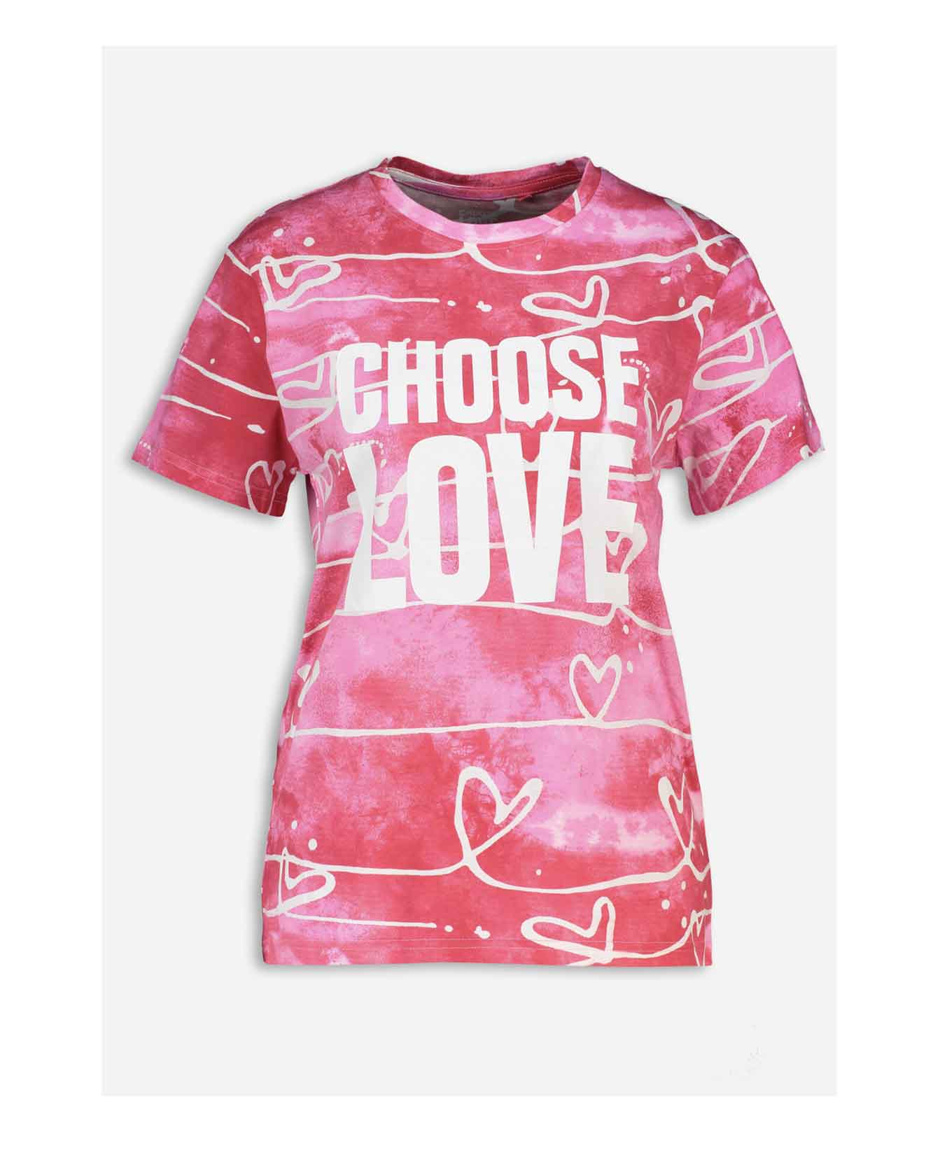 Illustrated t-shirt as part of a range of merchandise for CHOOSE LOVE charity in collaboration with TK Maxx and Print Club London. Repeat pattern of linear love hearts with a watercolour gradient ink background. Pink ink background.