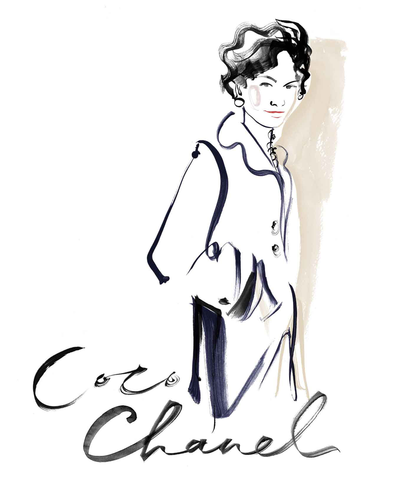 An illustrated portrait of fashion designer Coco Chanel Painted in ink and with expressive brush strokes. Hand painted Coco Chanel name appears in ink. Inspired by the designers sophisticated colour palette and considered use of line.