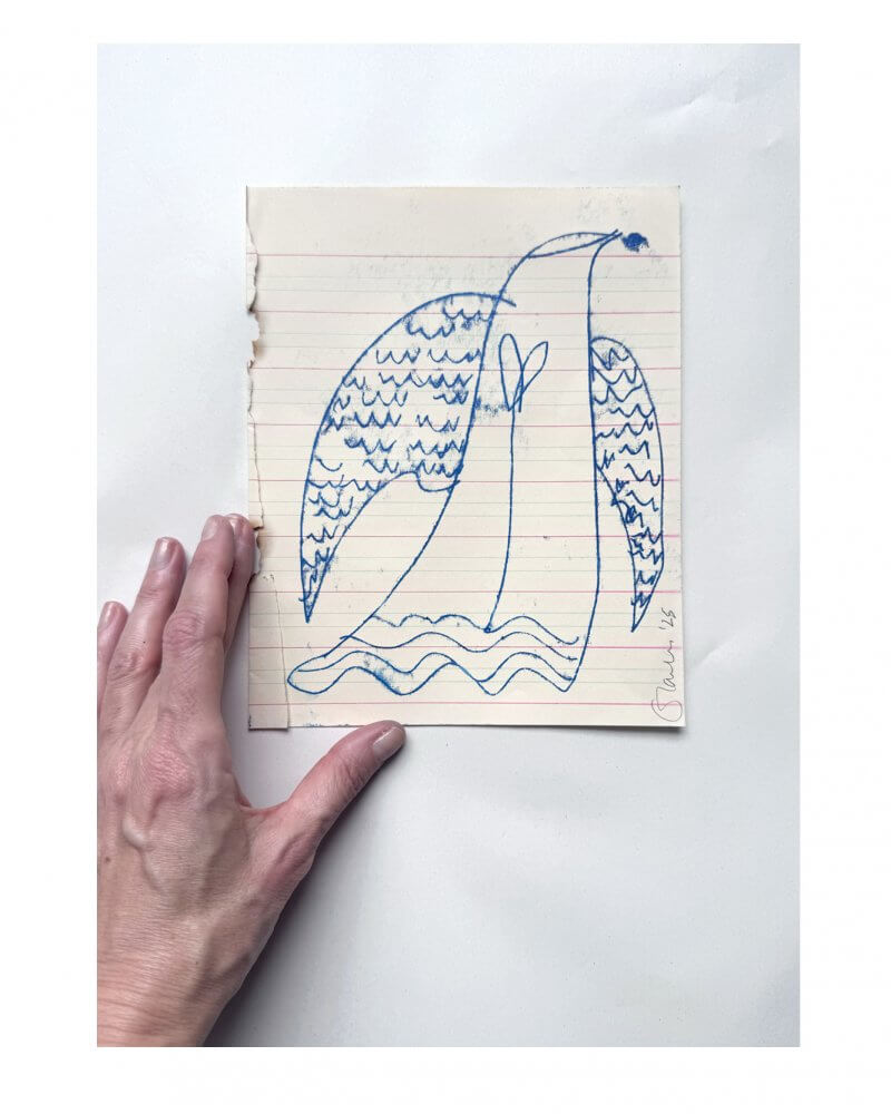 An original oil mono print drawing by Caroline Tomlinson.Blue lines drawn on vintage paper For our beloved. Mono print drawing of a bird - celebrating the journey. Original drawing for the home by Caroline Tomlinson. SIZE – 160mm x 204mm